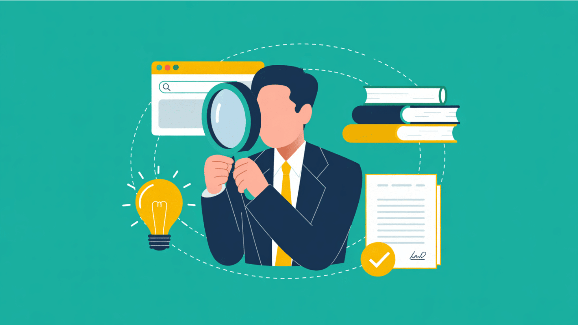 flat vector illustration of a person with a magnifying glass searching online for credible information (1)
