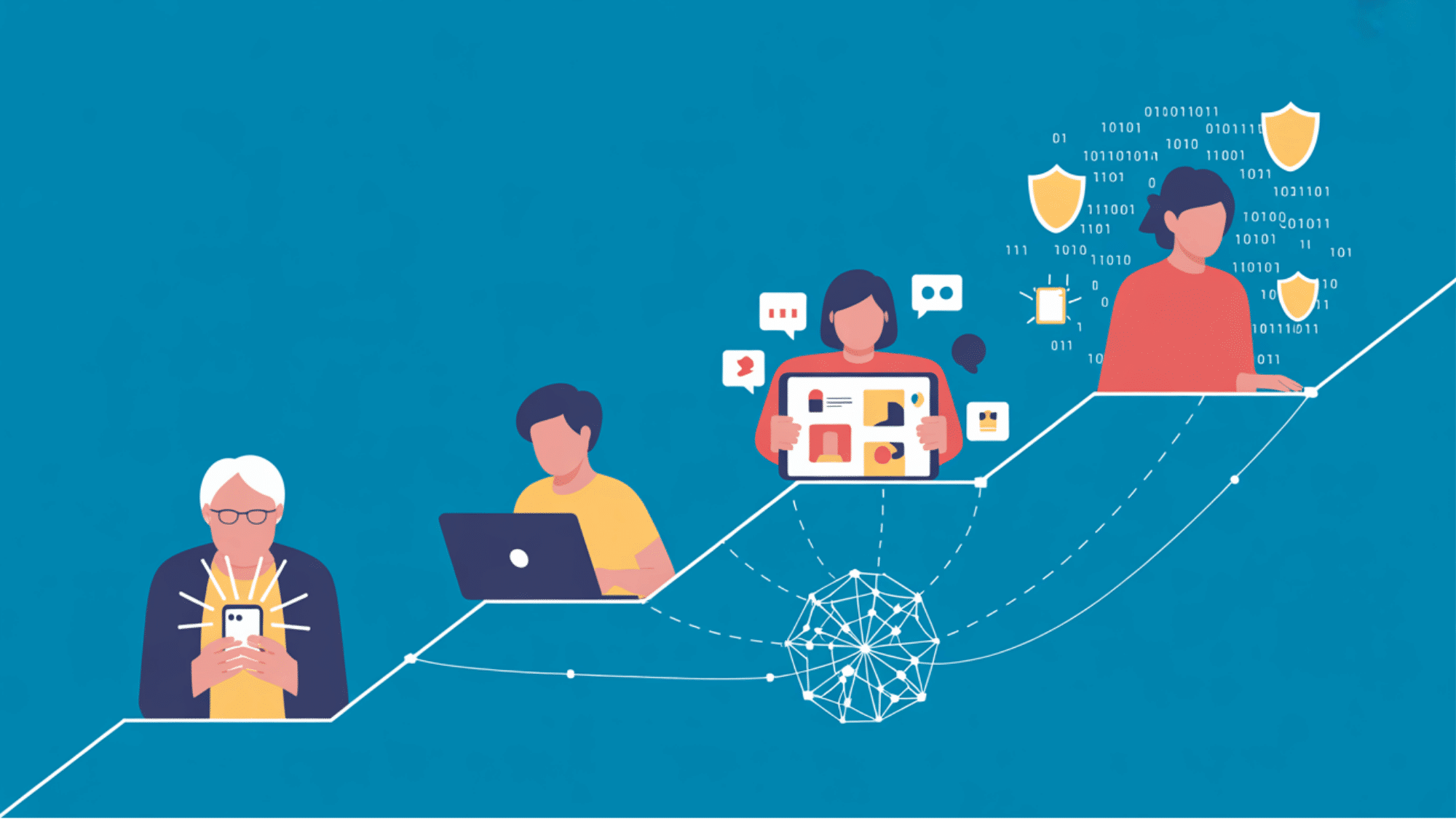 flat vector illustration showing diverse people at different stages of digital literacy from beginner to expert