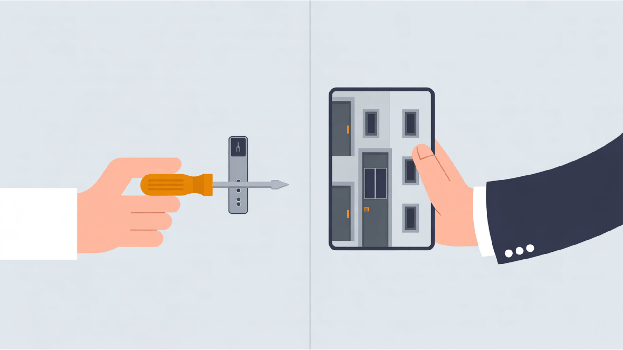 flat vector split screen graphic of a diy tool next to a professional tablet showing a building security network