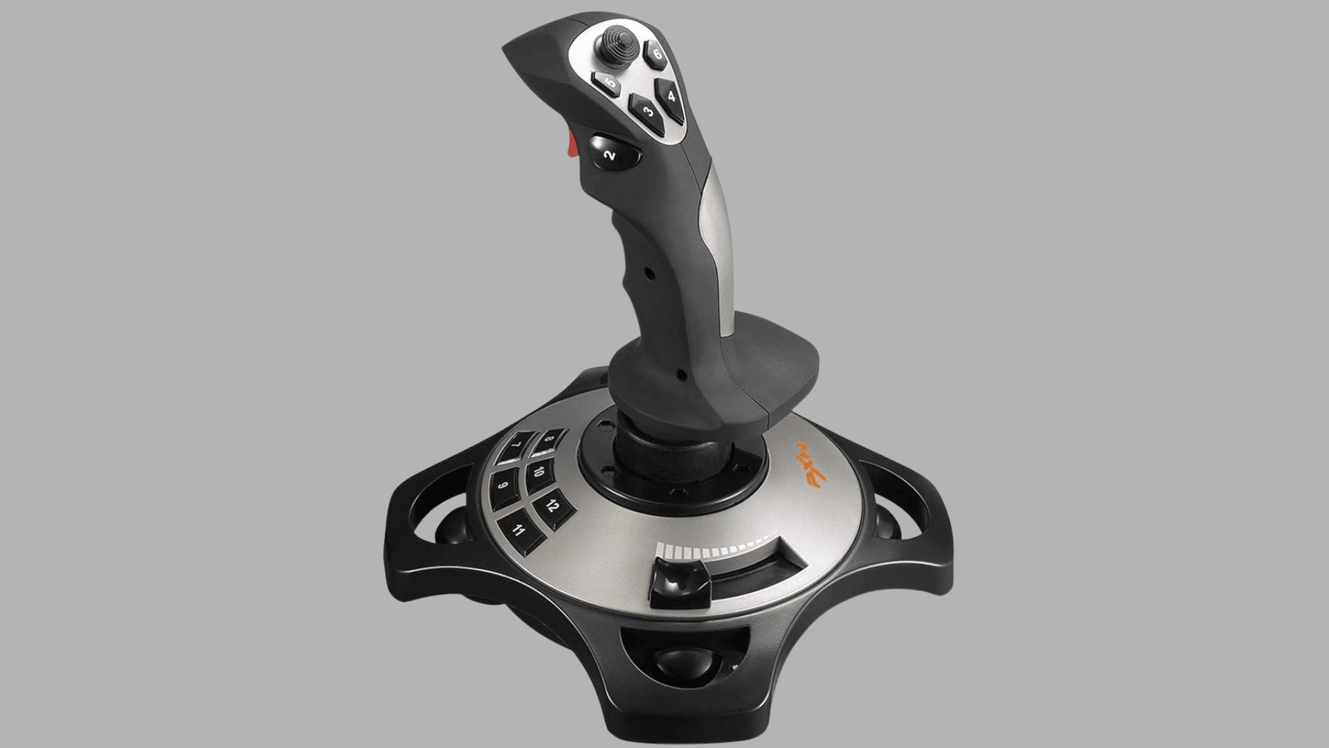 flight simulator joystick controller with multiple programmable buttons and a throttle slider mounted on a stable base