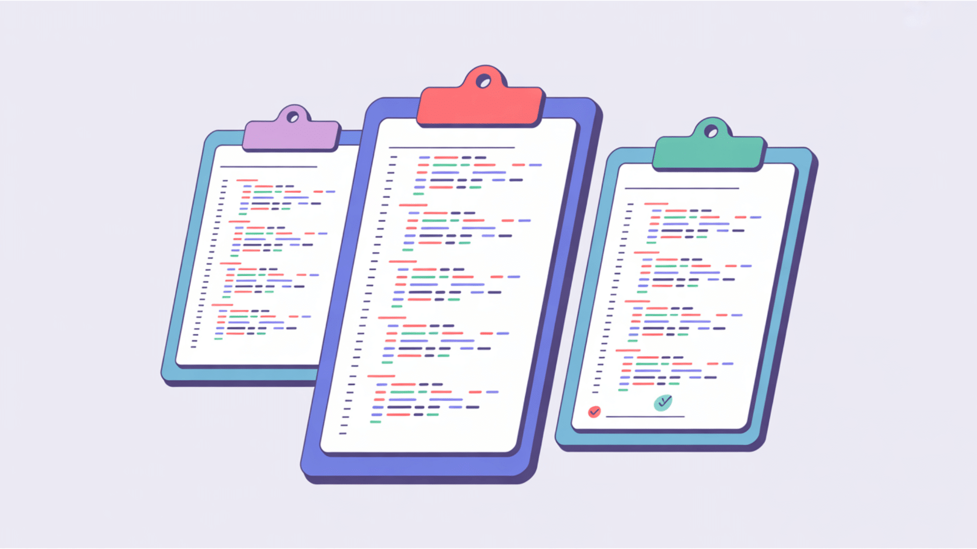 floating digital clipboards displaying structured code and checkmarks for test scripts