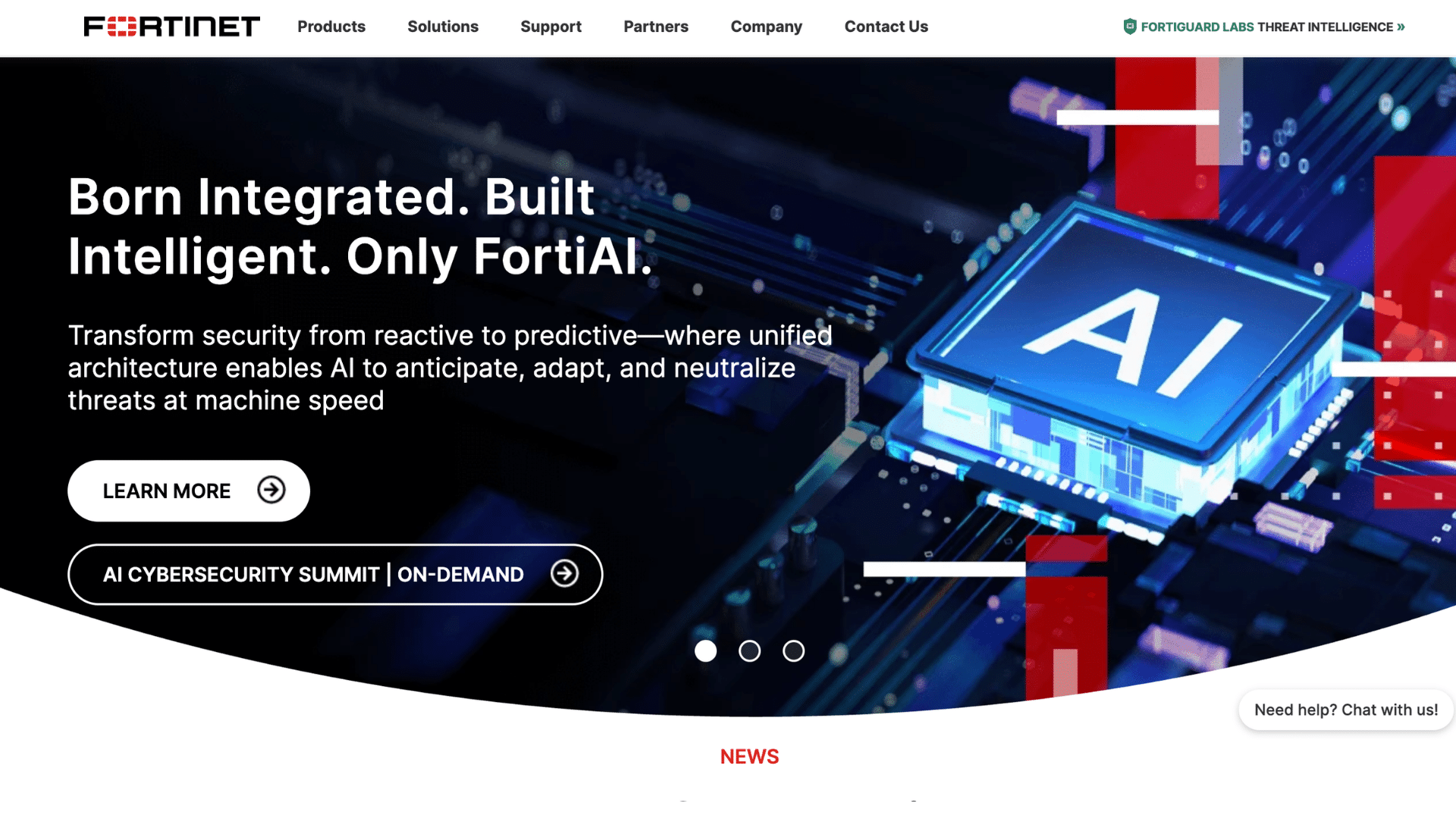 fortinet homepage promoting ai driven cybersecurity with intelligent threat protection and advanced security architecture platform solutions