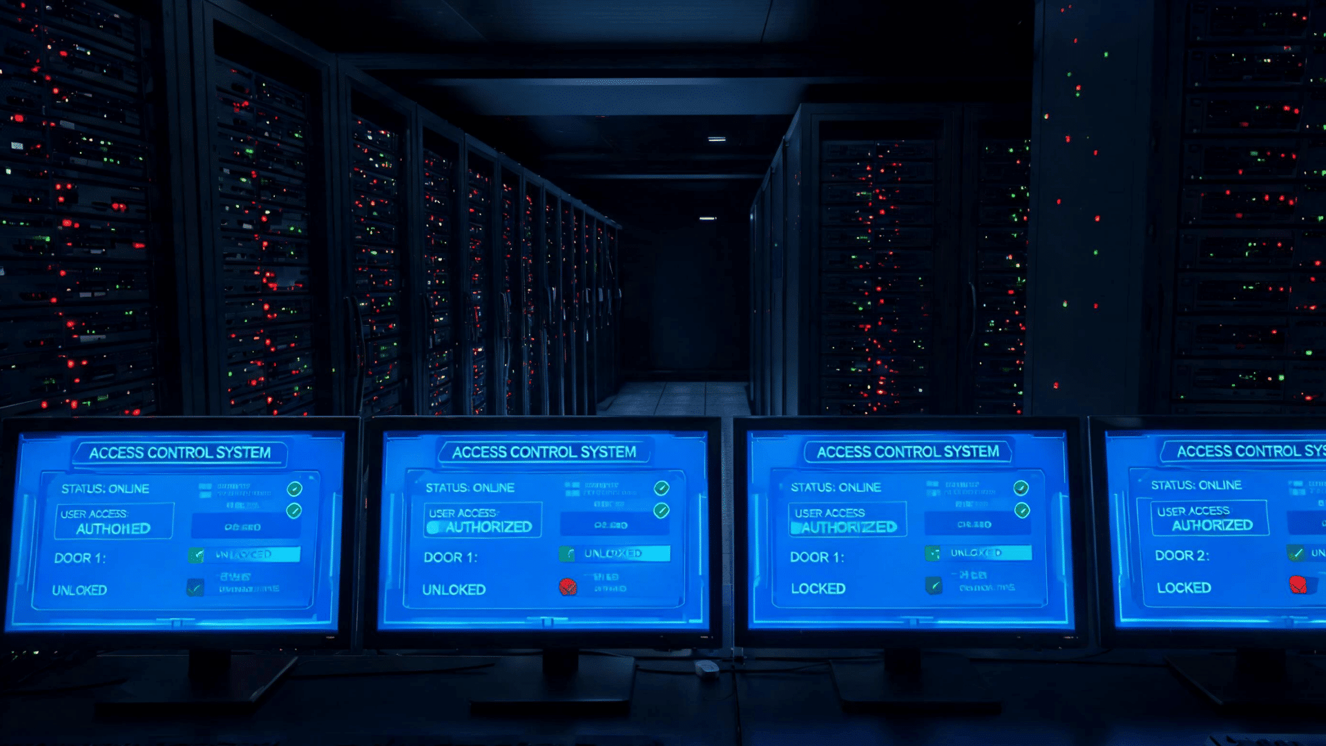 four monitors display an access control system interface showing status user access and door locks in front of rows of server racks with blinking red and green lights