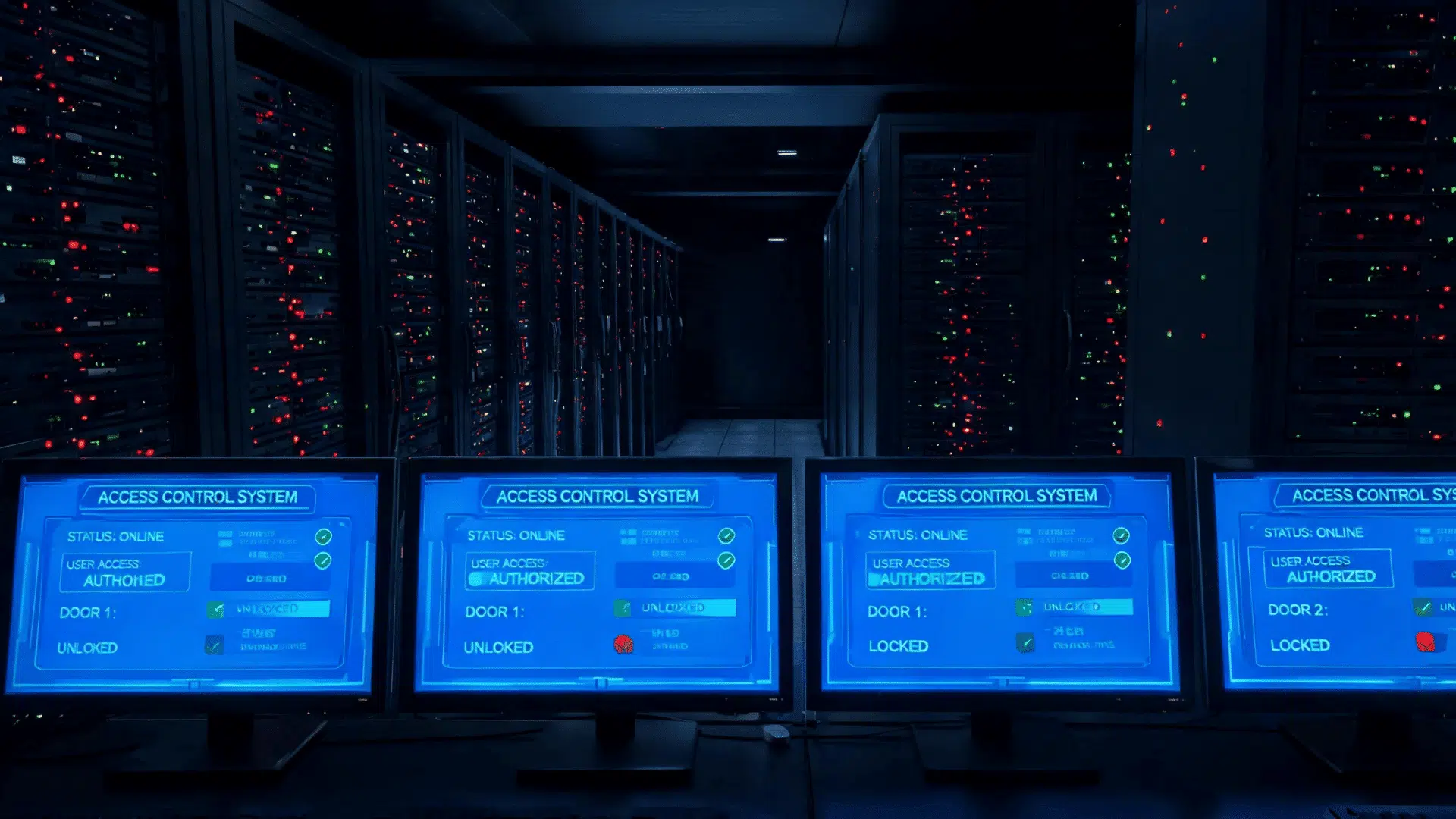 four monitors display an access control system interface showing status user access and door locks in front of rows of server racks with blinking red and green lights
