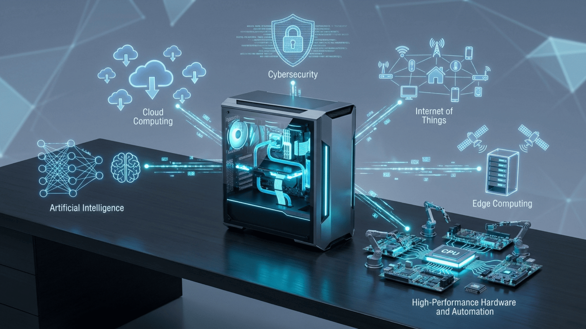 gaming pc tower connected to icons showing cloud computing cybersecurity ai iot edge computing and cpu automation