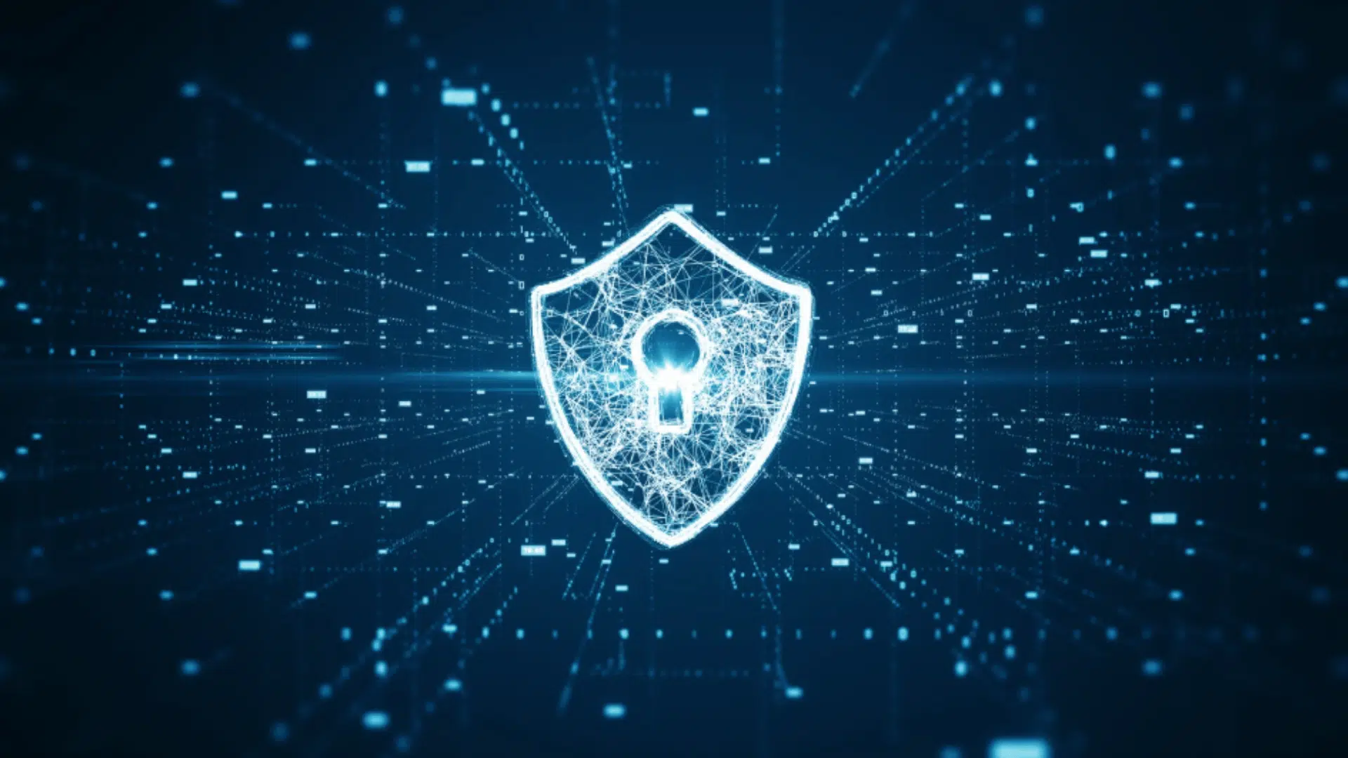 glowing digital shield with keyhole at center surrounded by data streams representing cybersecurity protection and secure networks
