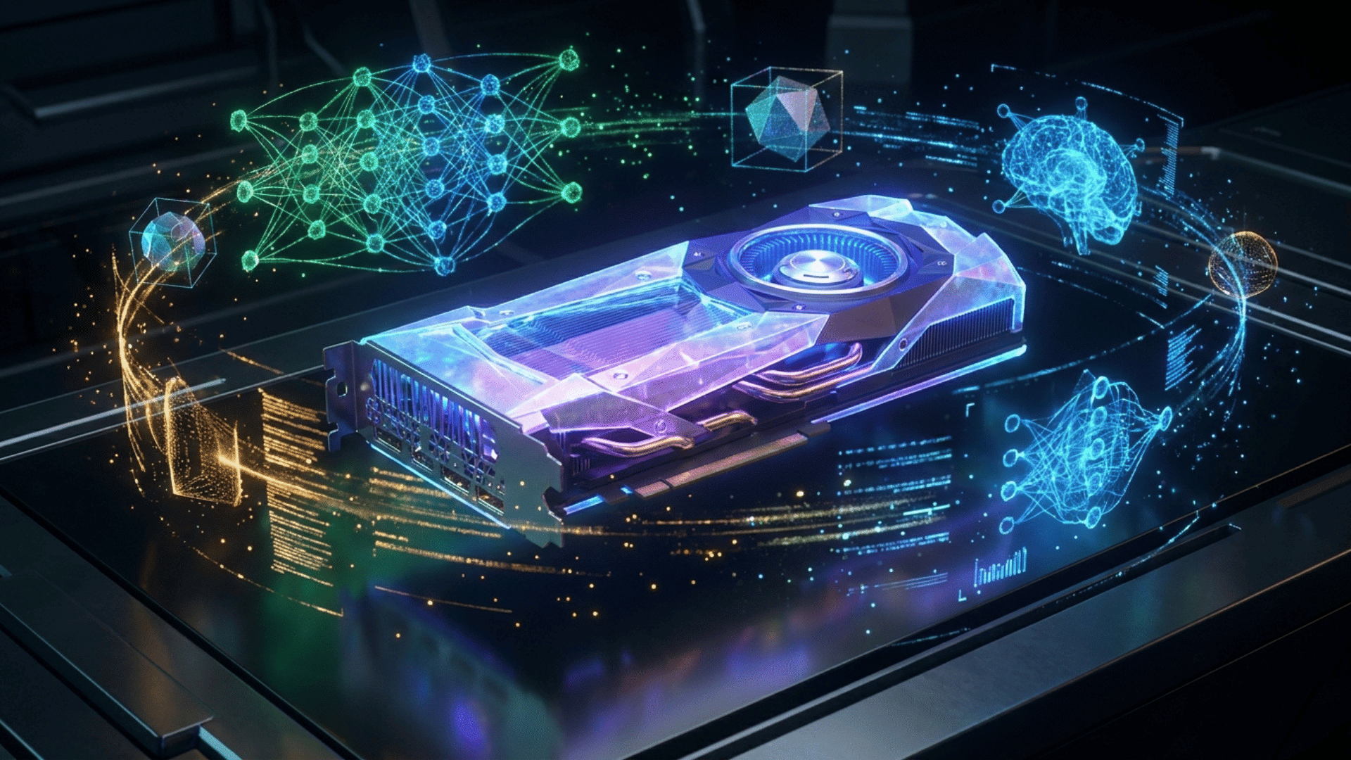 glowing graphics card surrounded by holographic neural networks and digital brain icons in a futuristic ai lab