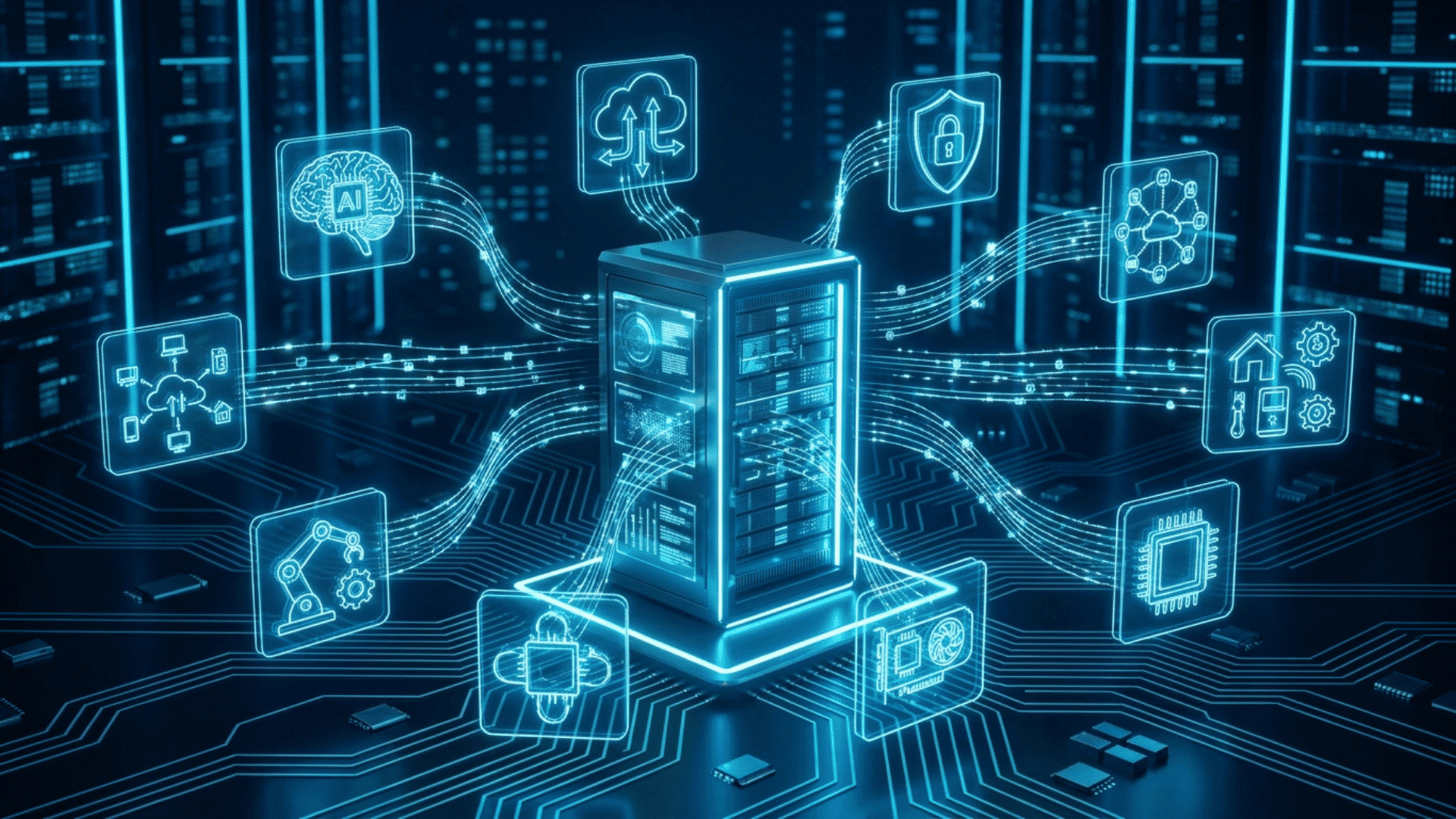 glowing server at center of a data center connected to ai cloud security and automation icons through digital networks