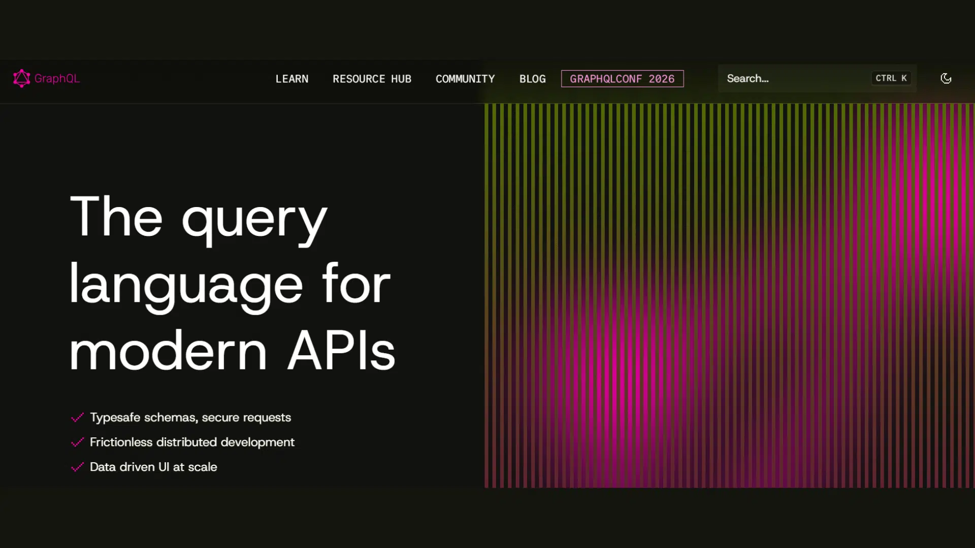 graphql website homepage highlighting query language for modern apis with navigation menu and search bar