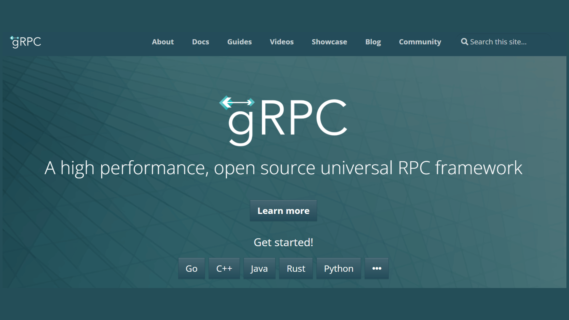 grpc website homepage presenting open source rpc framework with navigation menu search bar and language options