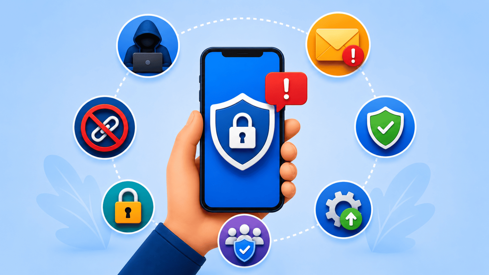 hand holding smartphone with security shield surrounded by cybersecurity icons protecting against smishing threats