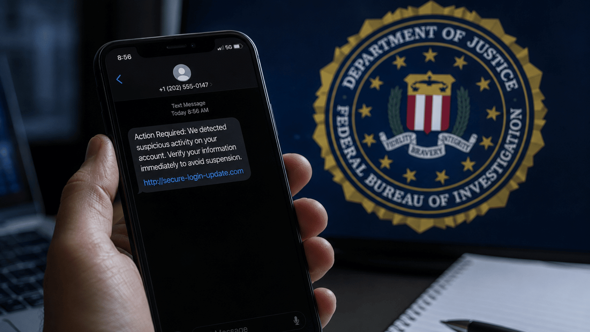 hand holding smartphone with suspicious text message beside fbi seal highlighting smishing scam warning risks