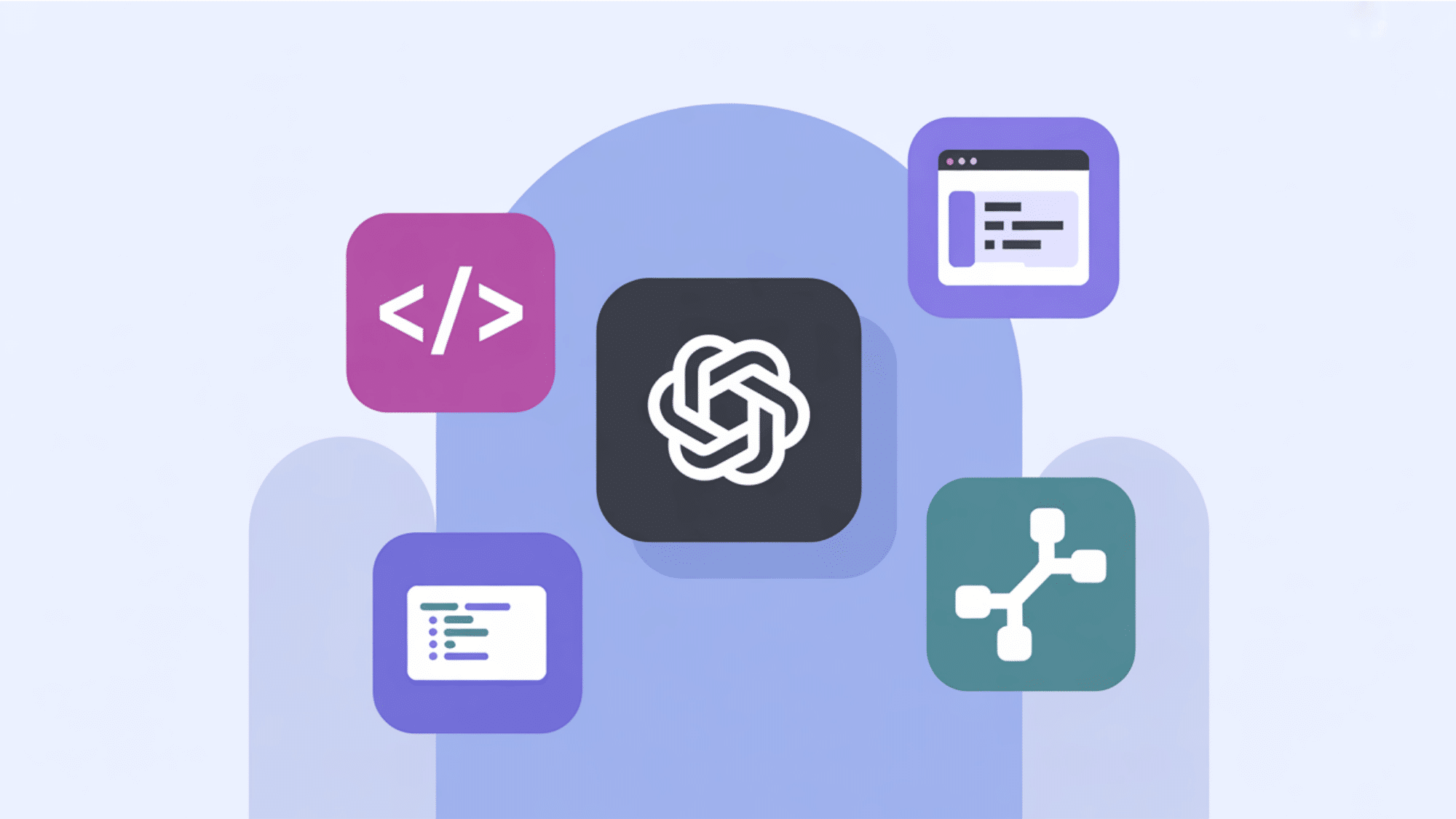 hatgpt logo surrounded by floating code brackets terminal window and git branch icons on soft blue background