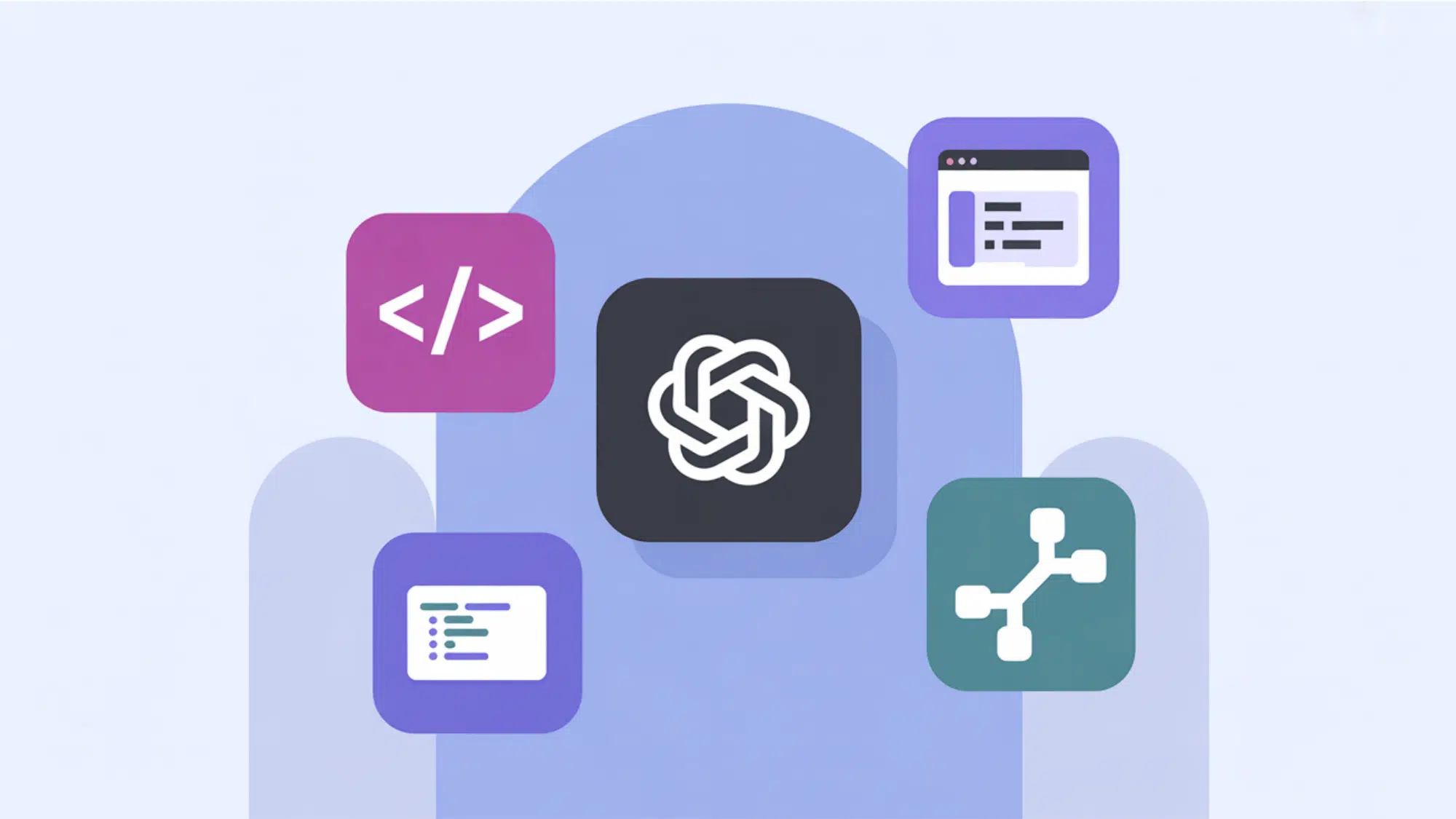 hatgpt logo surrounded by floating code brackets terminal window and git branch icons on soft blue background