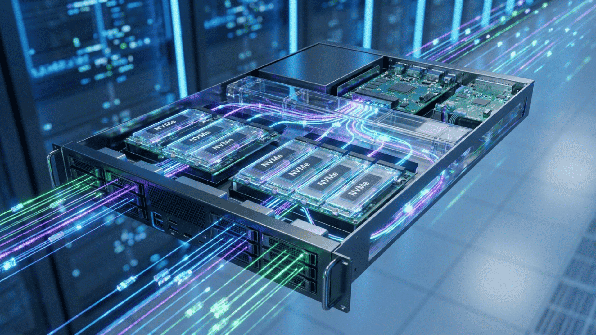 high performance server with nvme storage drives and illuminated data pathways inside a modern data center rack system