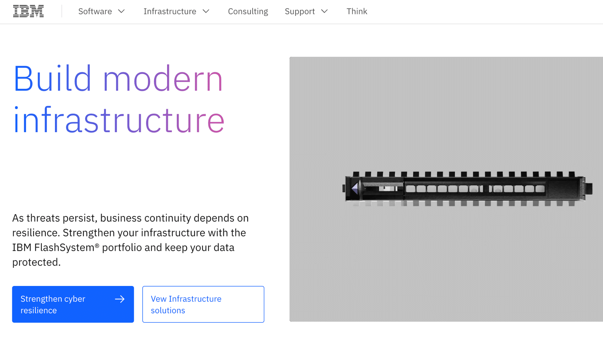 ibm infrastructure webpage promoting cyber resilience with flashsystem storage solutions and enterprise technology updates