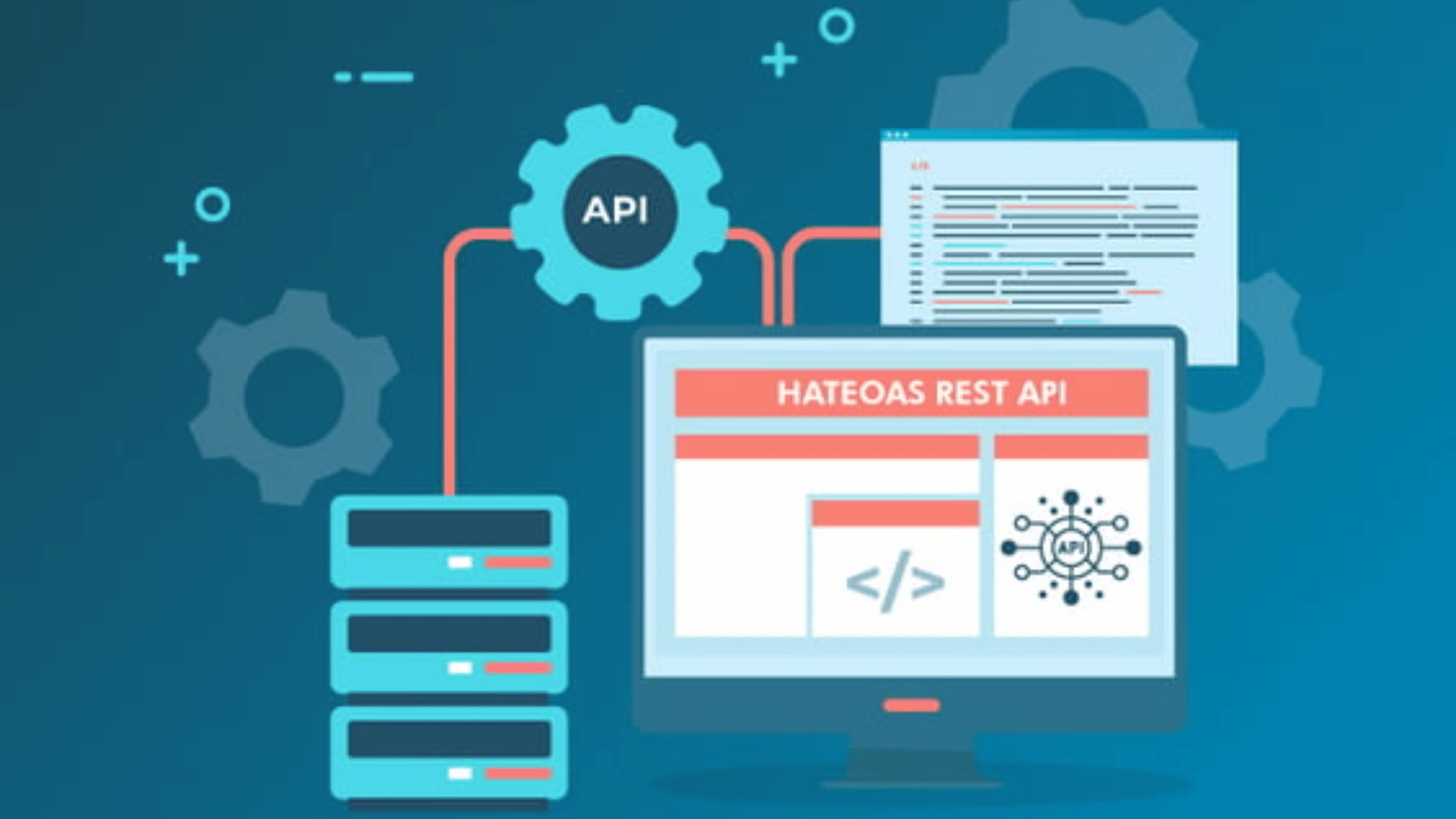 illustration of api gear connected to server stack and computer monitor showing rest api interface and code panels