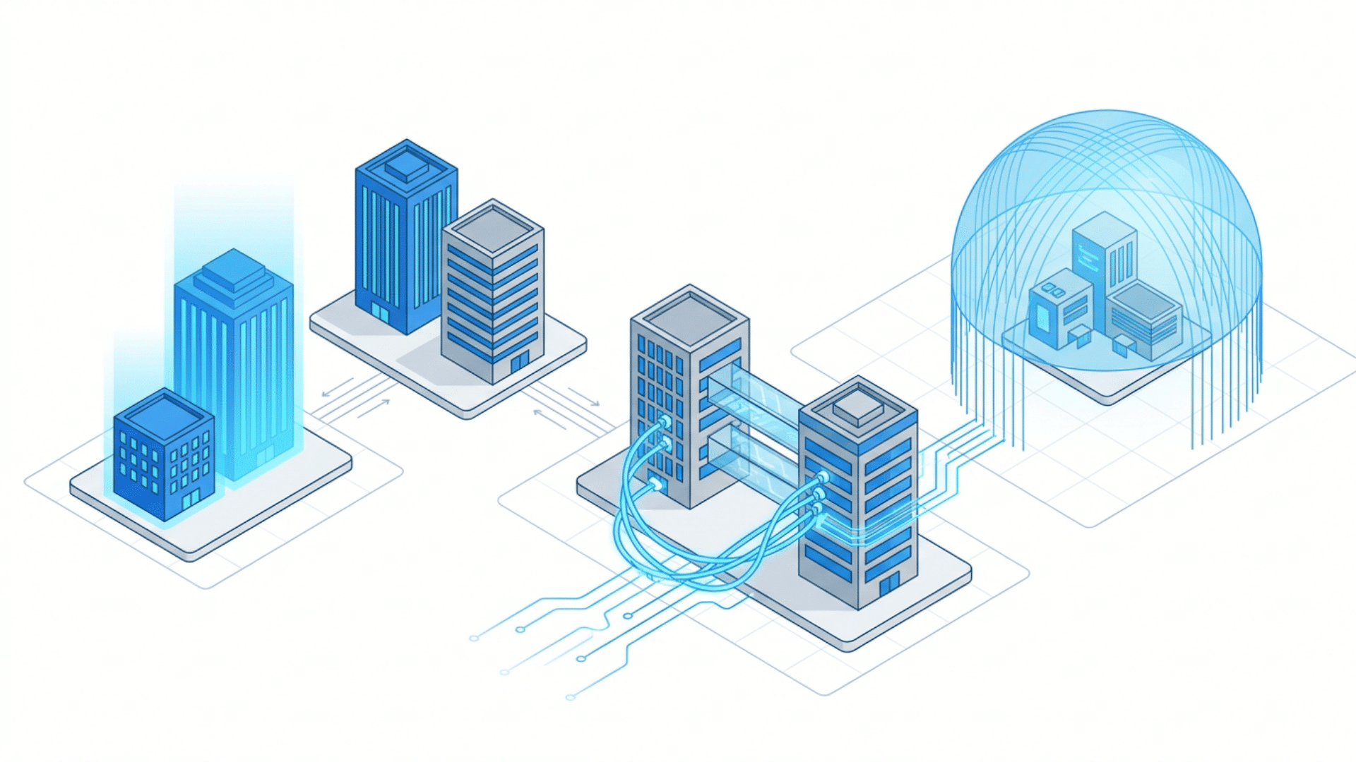 illustration of connected office buildings exchanging data through network links with a protected cloud infrastructure