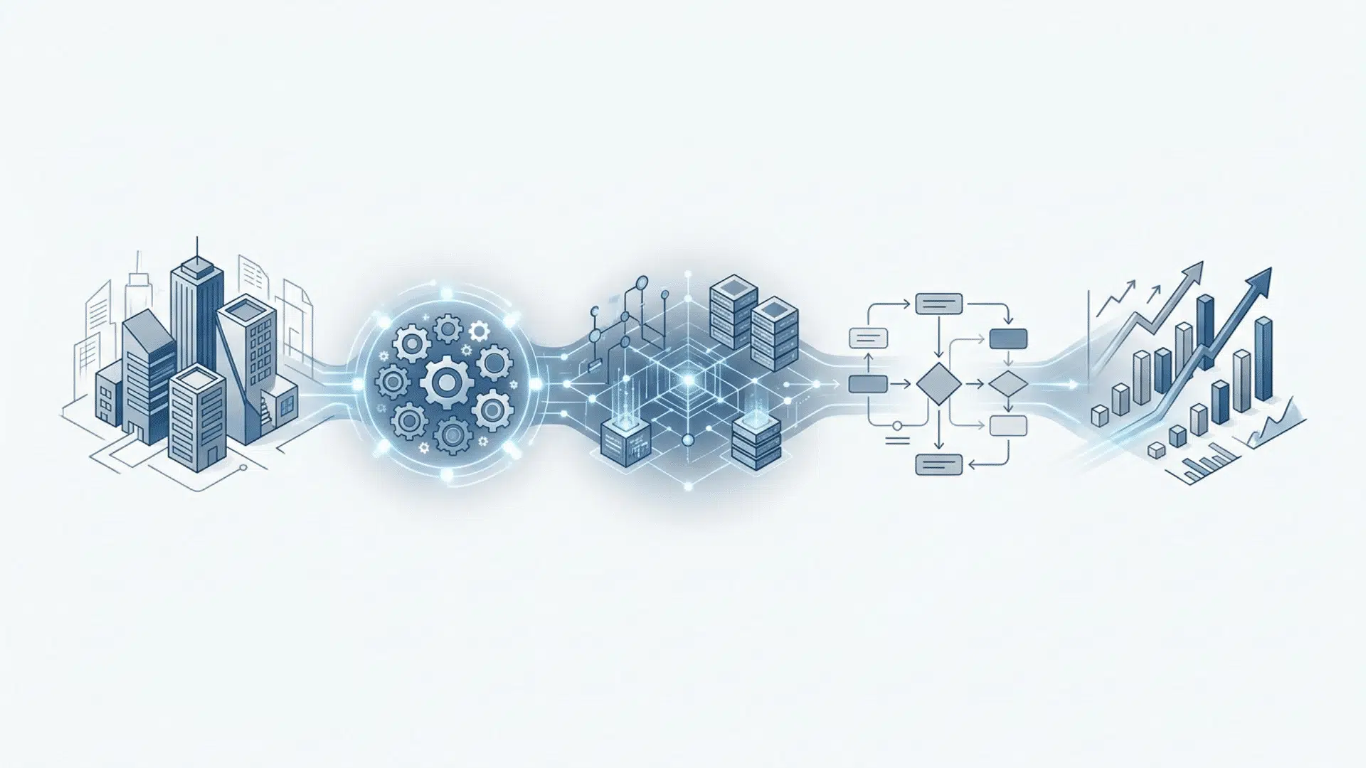 illustration showing city buildings linked to gears data servers workflow diagrams and rising analytics charts growth trends