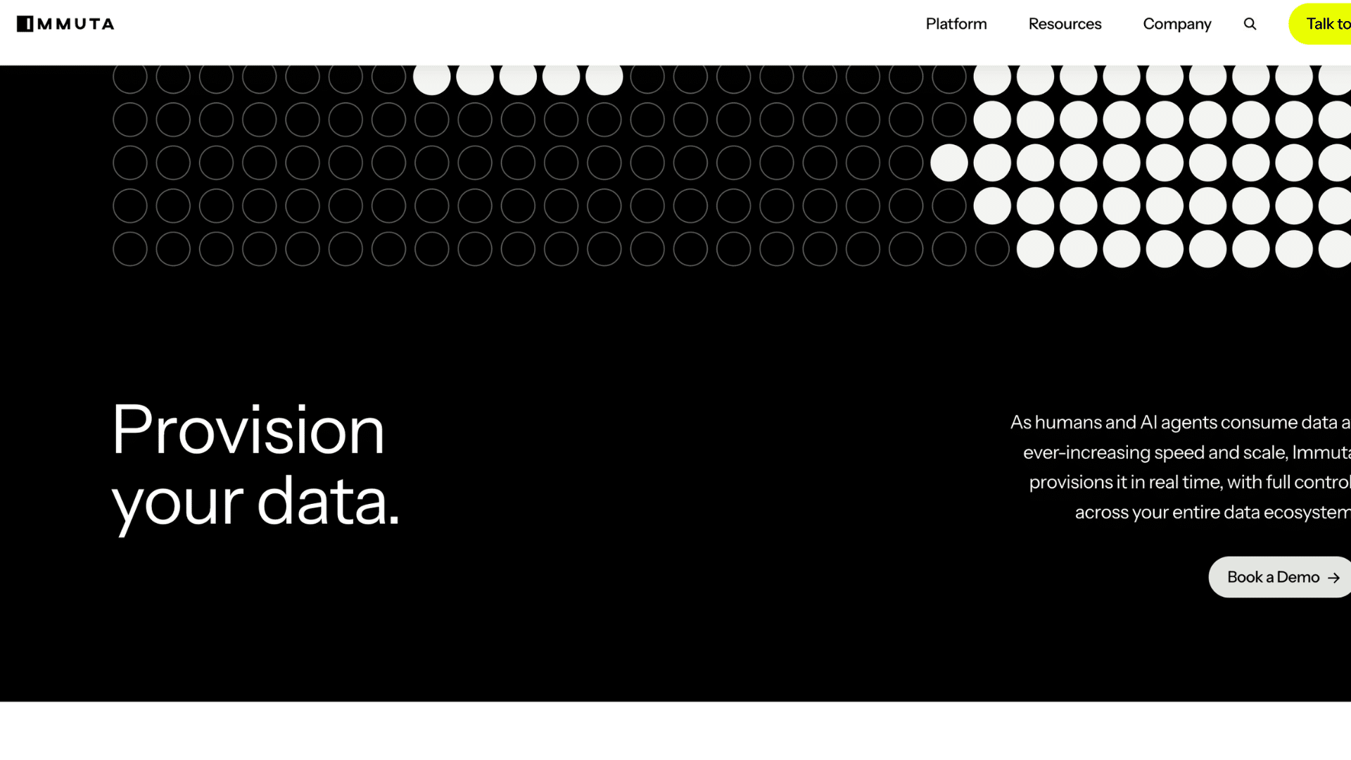 immuta homepage promoting real time data provisioning with bold text dotted pattern and book a demo button
