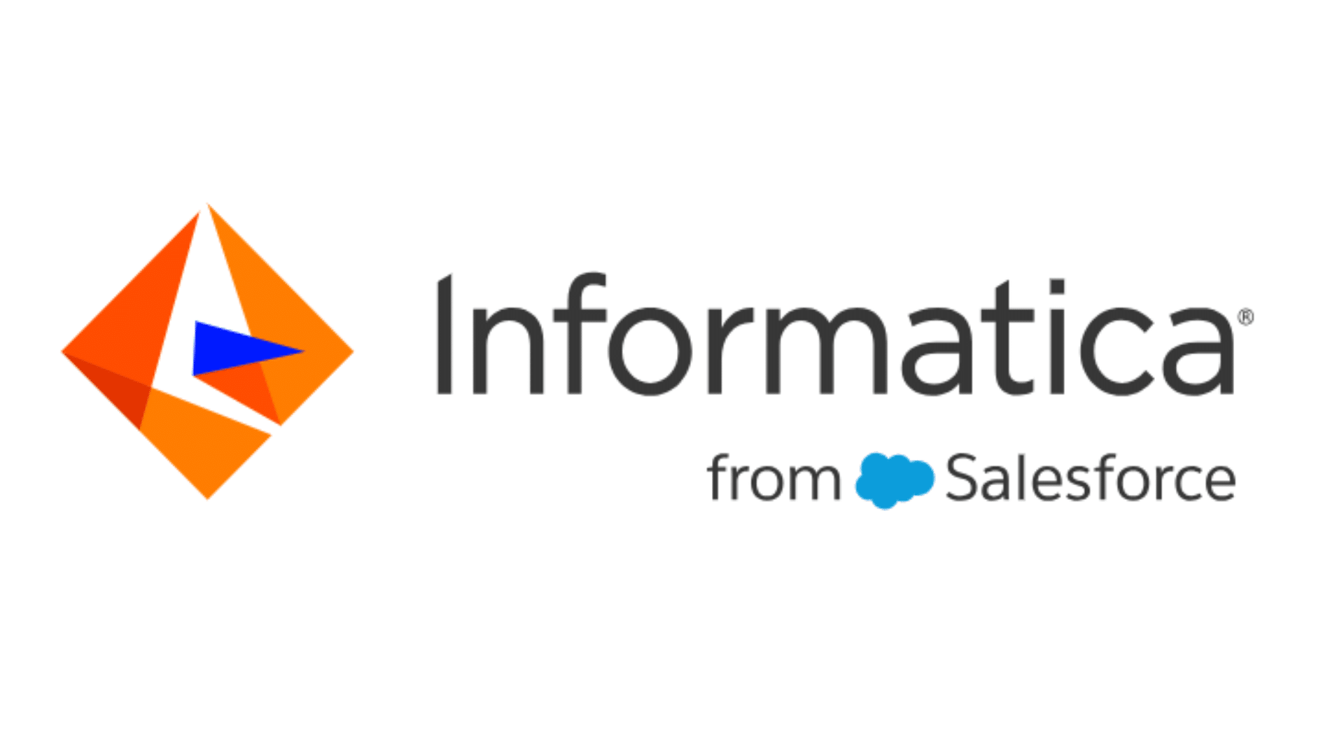 informatica logo with orange geometric diamond symbol and blue accent beside text and salesforce branding below it