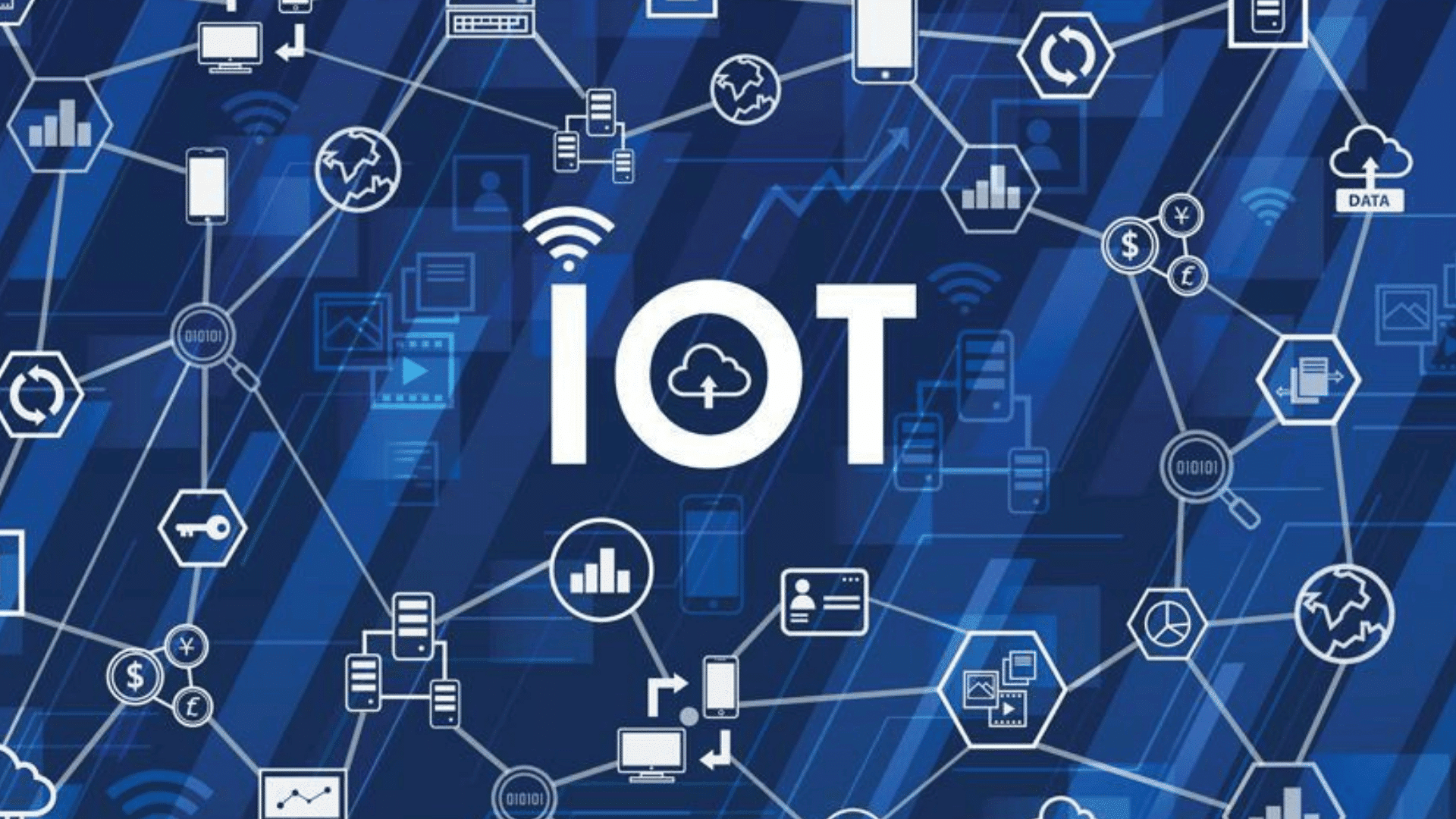 iot text surrounded by connected devices cloud storage data charts and wireless network icons on blue digital background