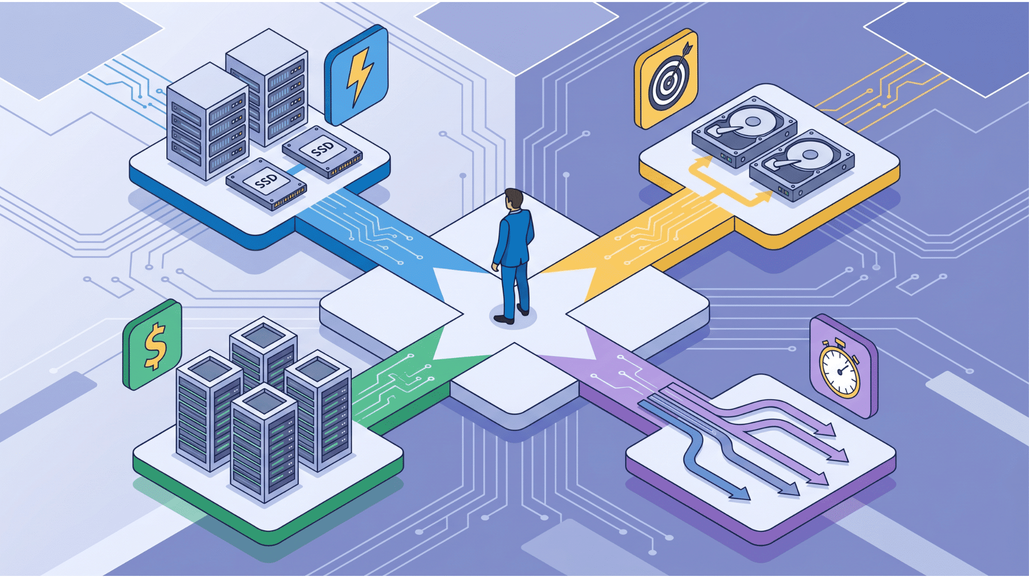 isometric vector of a person at a crossroads with four paths showing different smart storage buying strategies (1)