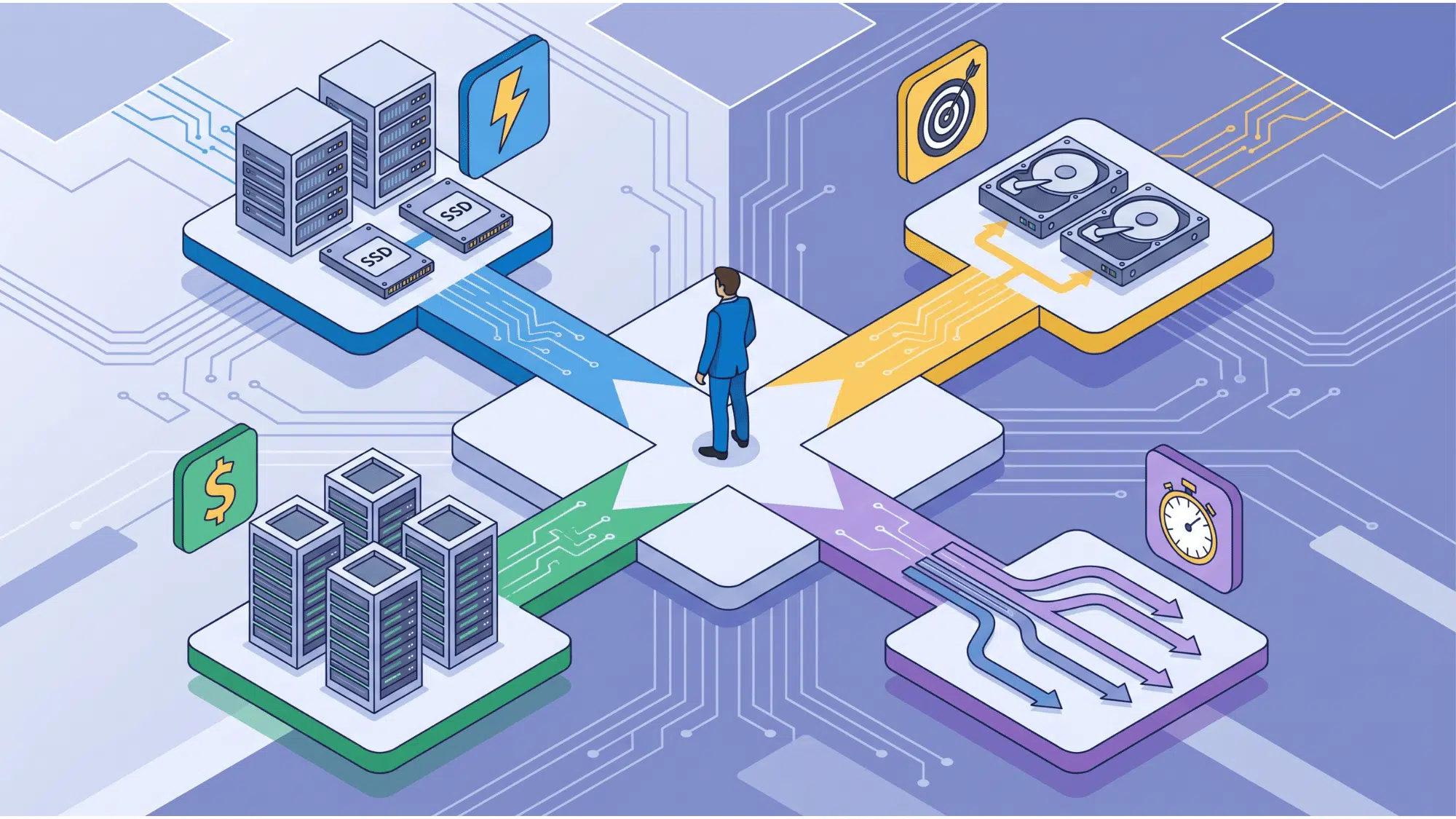 isometric vector of a person at a crossroads with four paths showing different smart storage buying strategies (1)
