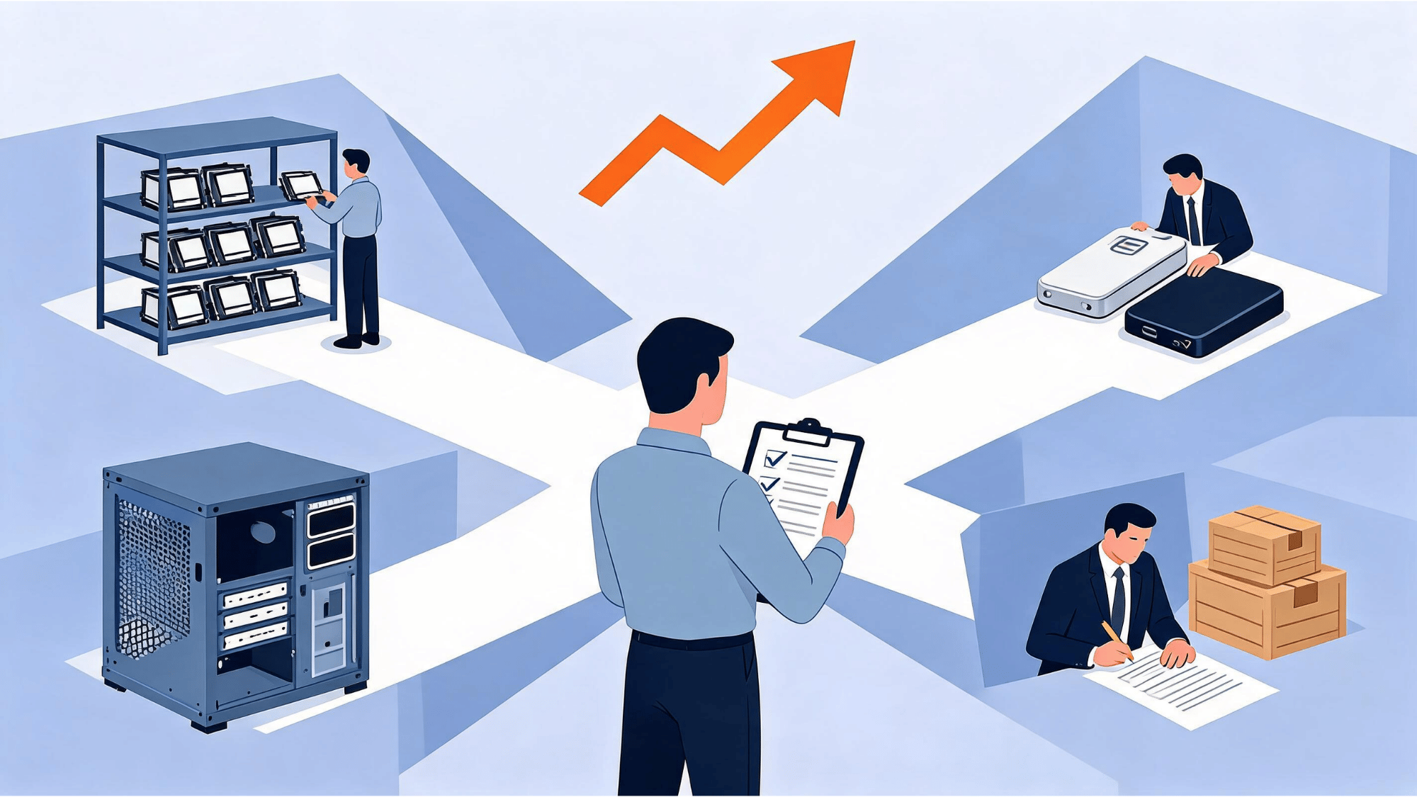 isometric vector of a person at a crossroads with four paths showing different smart storage buying strategies