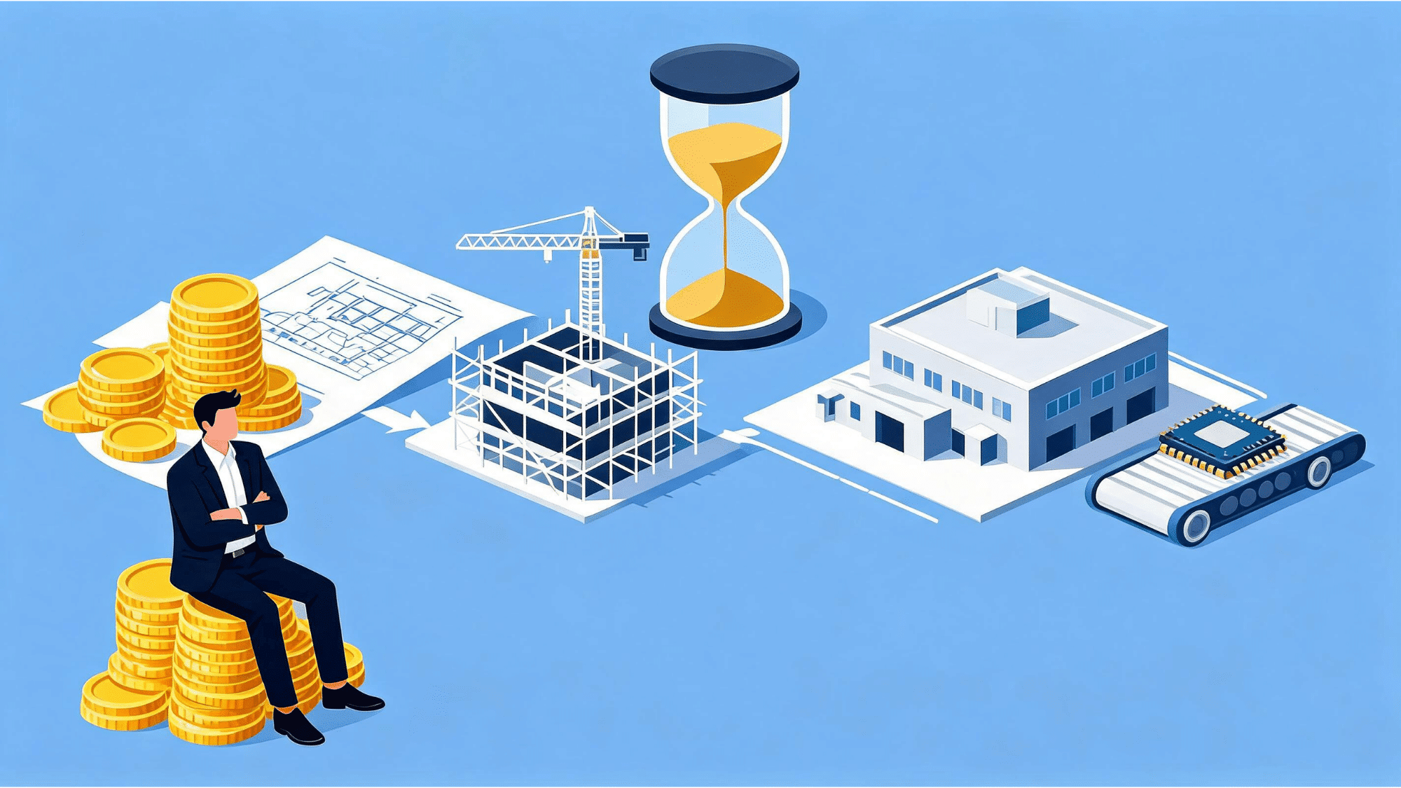 isometric vector timeline of a chip factory being built in stages with an hourglass above and a businessman sitting on coins refusing to inves