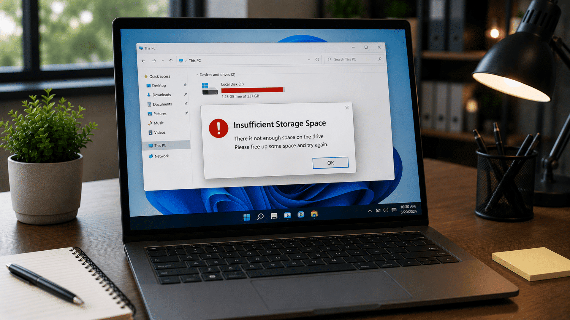 laptop displaying critically low disk space warning with storage nearly full preventing file and app operations