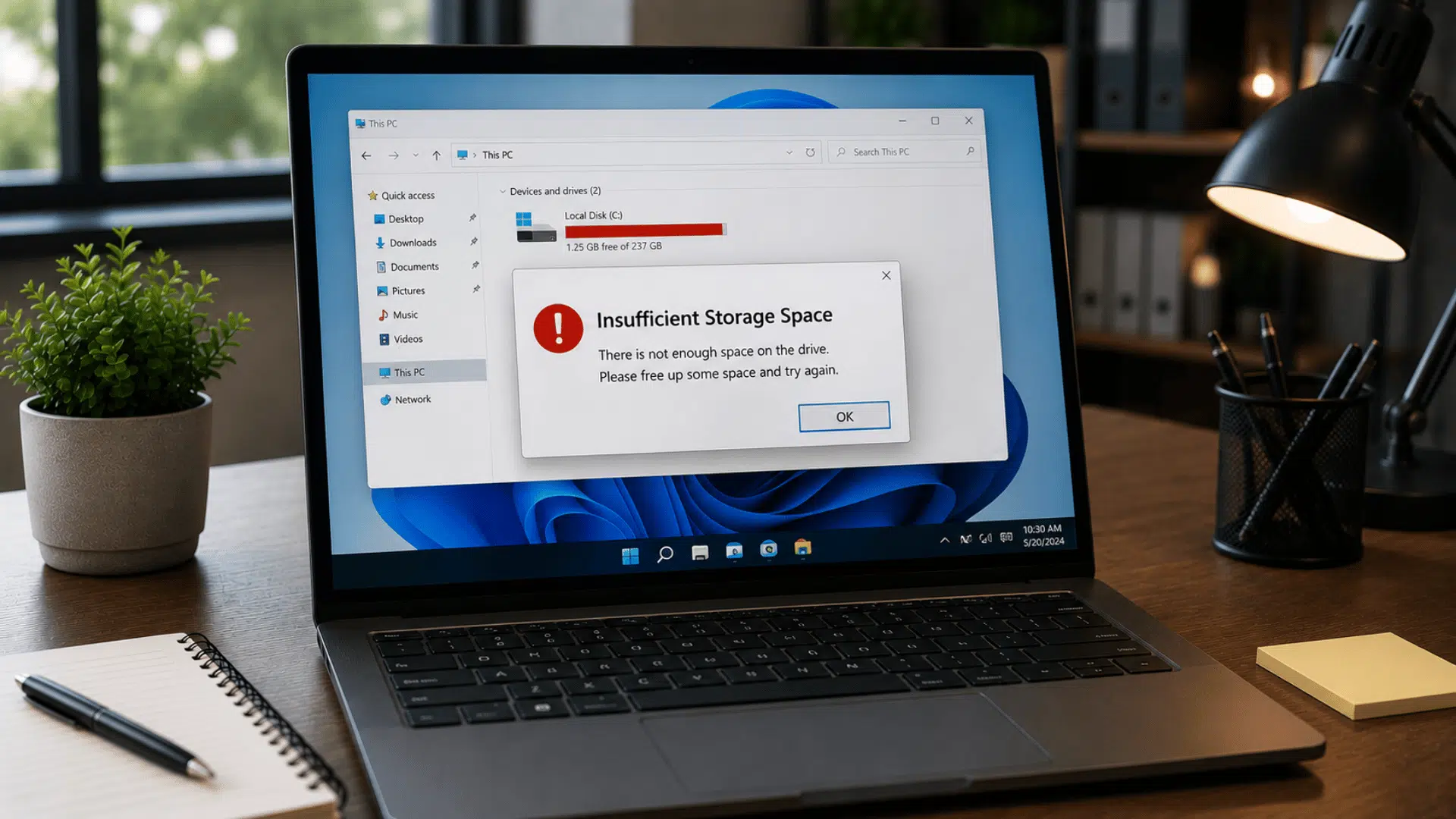 laptop displaying critically low disk space warning with storage nearly full preventing file and app operations
