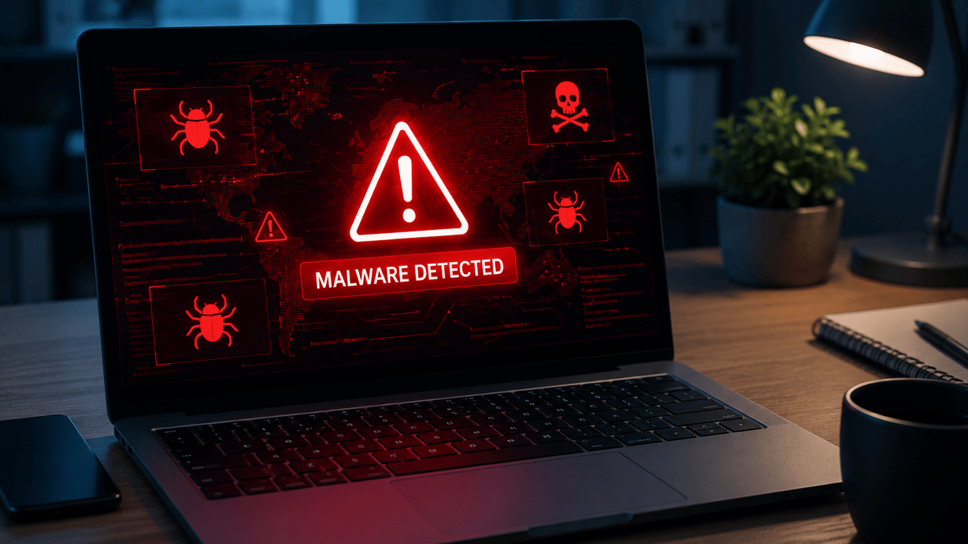 laptop displaying malware warning indicators with virus symbols showing a computer security infection threat (1)
