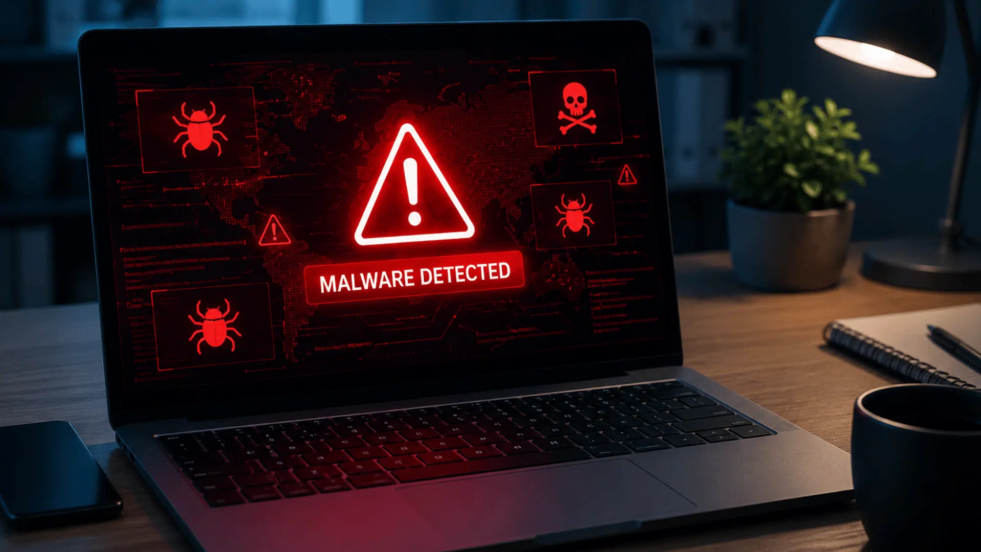 laptop displaying malware warning indicators with virus symbols showing a computer security infection threat (1)