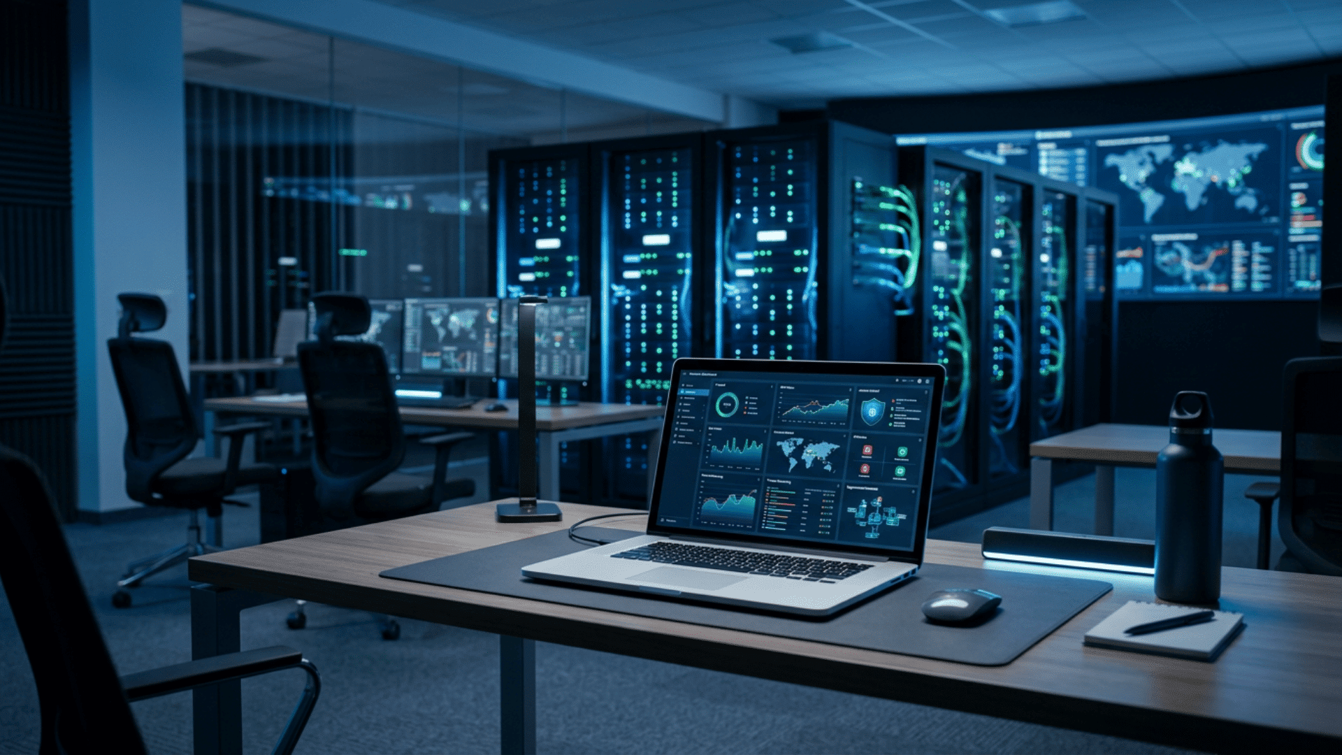 laptop displaying network analytics on a desk inside a modern data center with server racks and monitoring screens