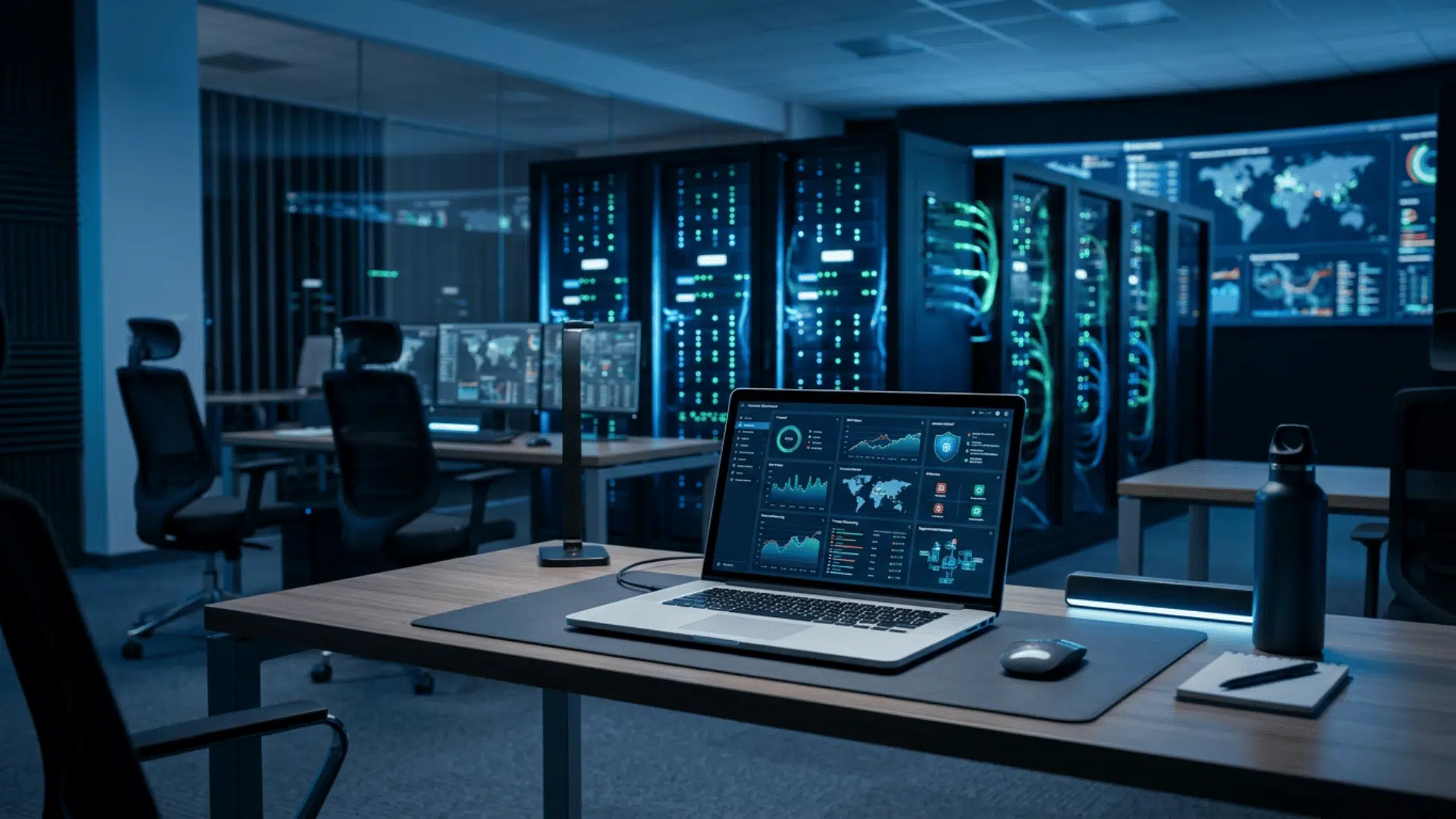 laptop displaying network analytics on a desk inside a modern data center with server racks and monitoring screens