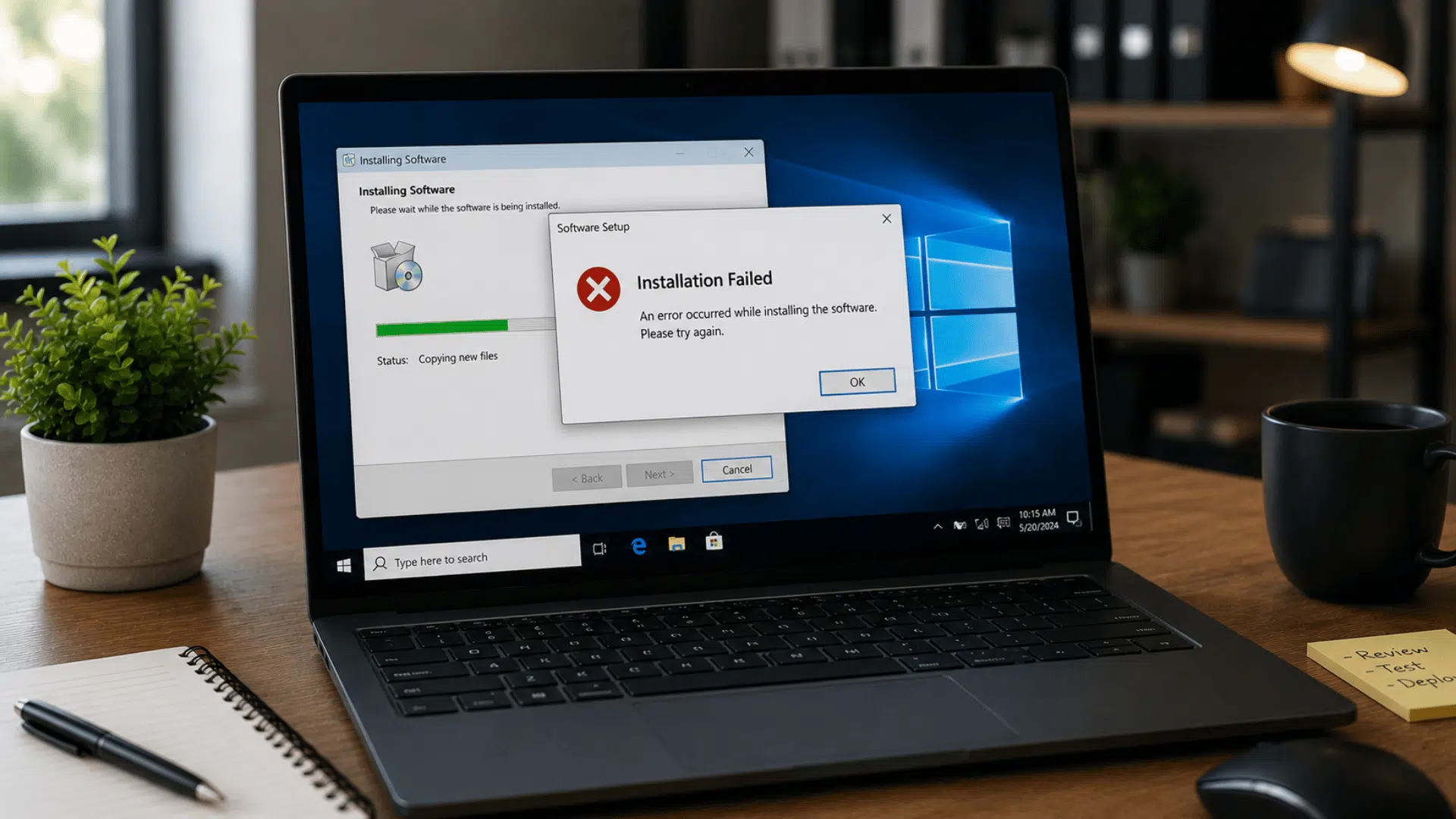 laptop displaying software installation failure message indicating setup errors preventing successful program installation