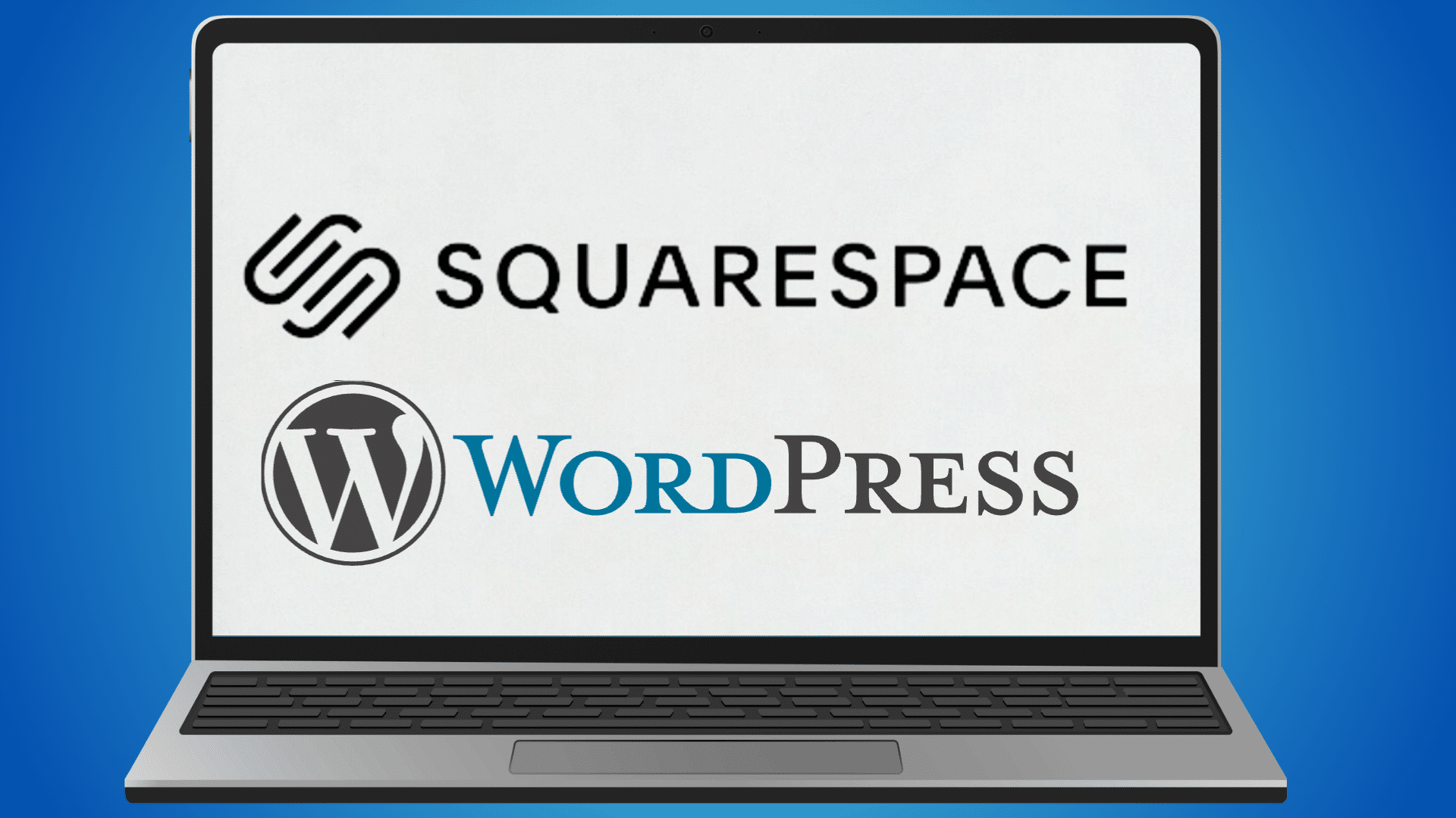 laptop displaying squarespace and wordpress logos on a white screen against a blue background