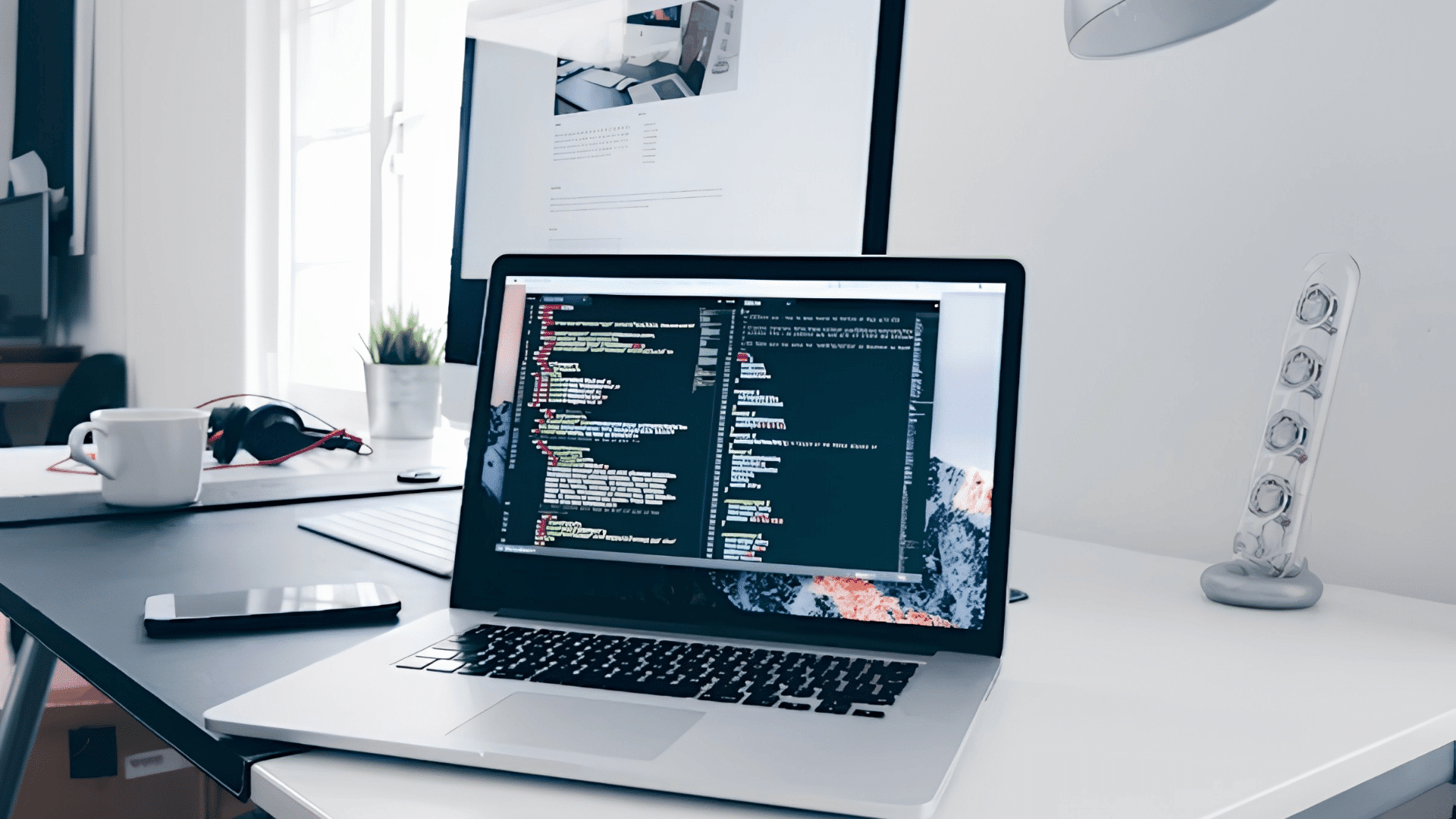 laptop on a white desk showing code in a bright workspace with a monitor behind