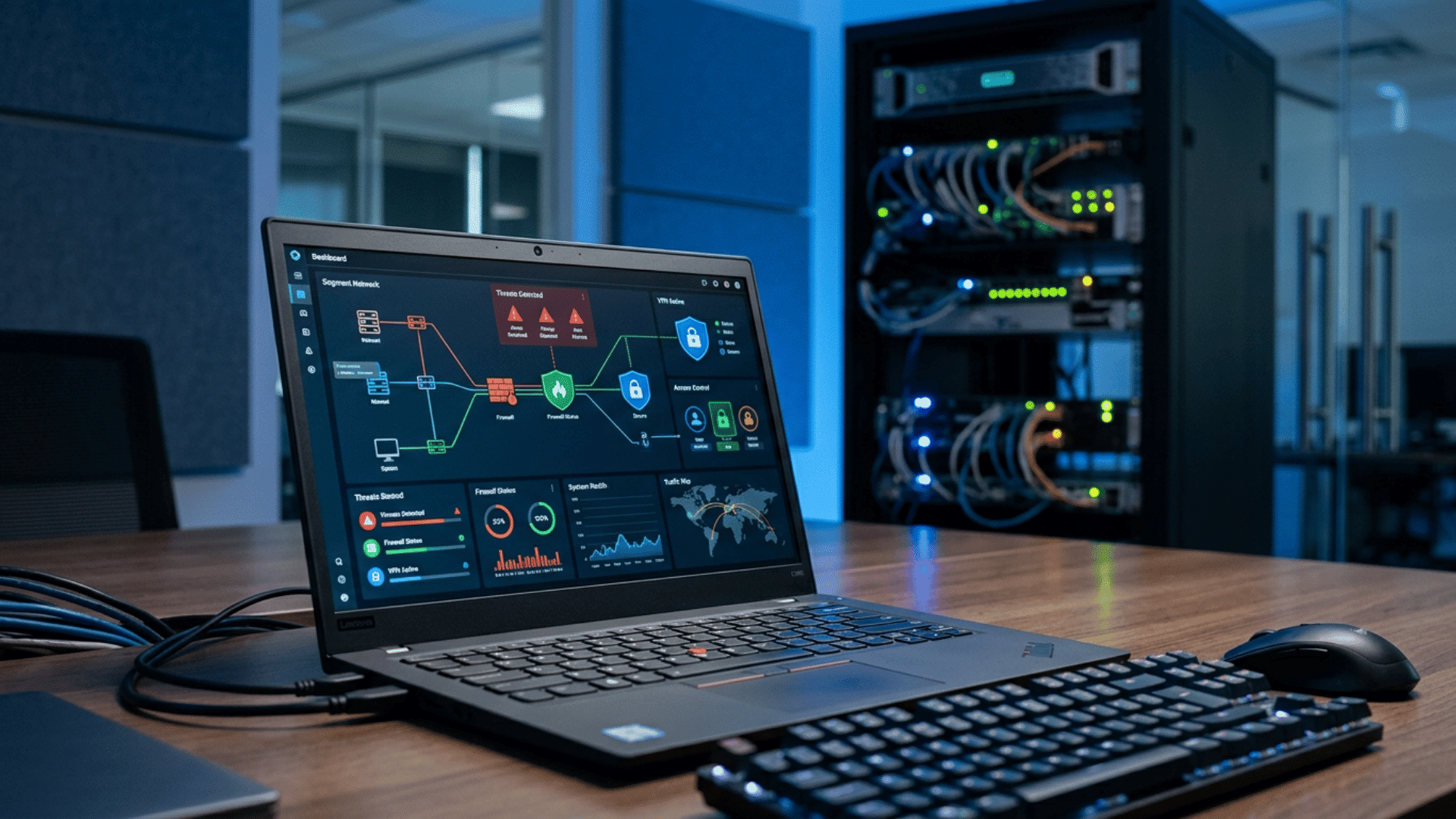laptop showing a cybersecurity dashboard on a desk with keyboard mouse and server rack in the background