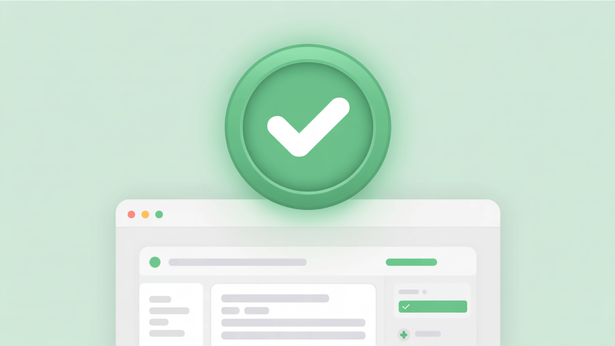 large glowing green checkmark floating over a software interface validating test success