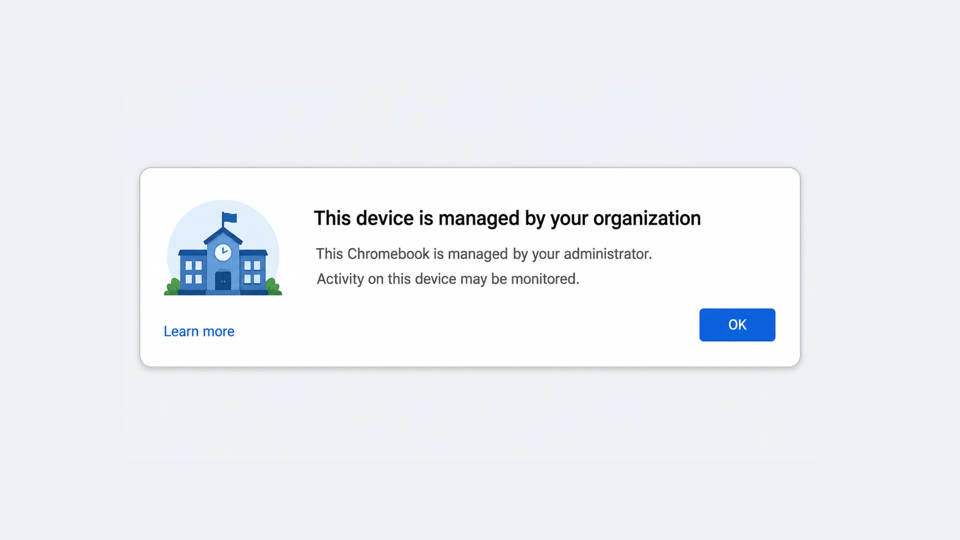 managed chromebook displaying organization control notice with device management information (2)