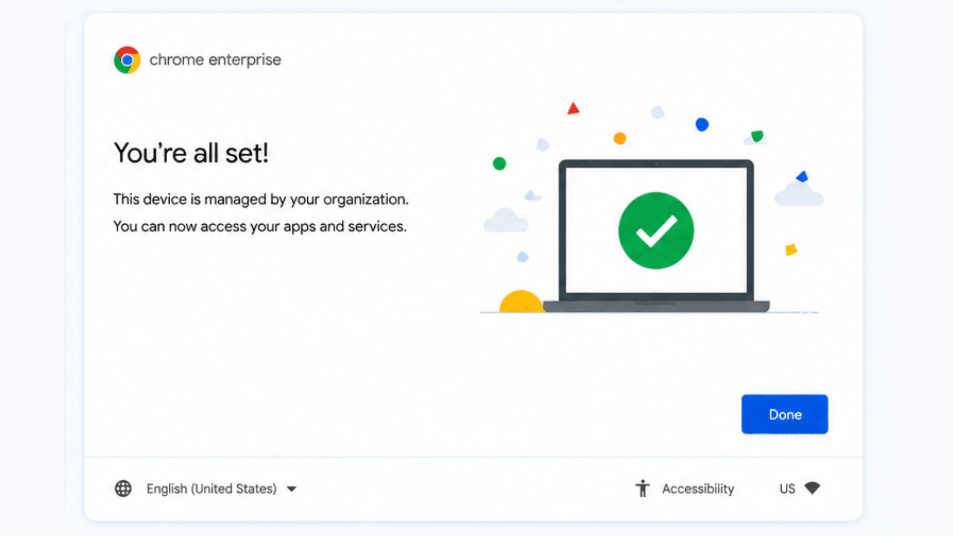 managed chromebook enrollment completed successfully with organization settings applied