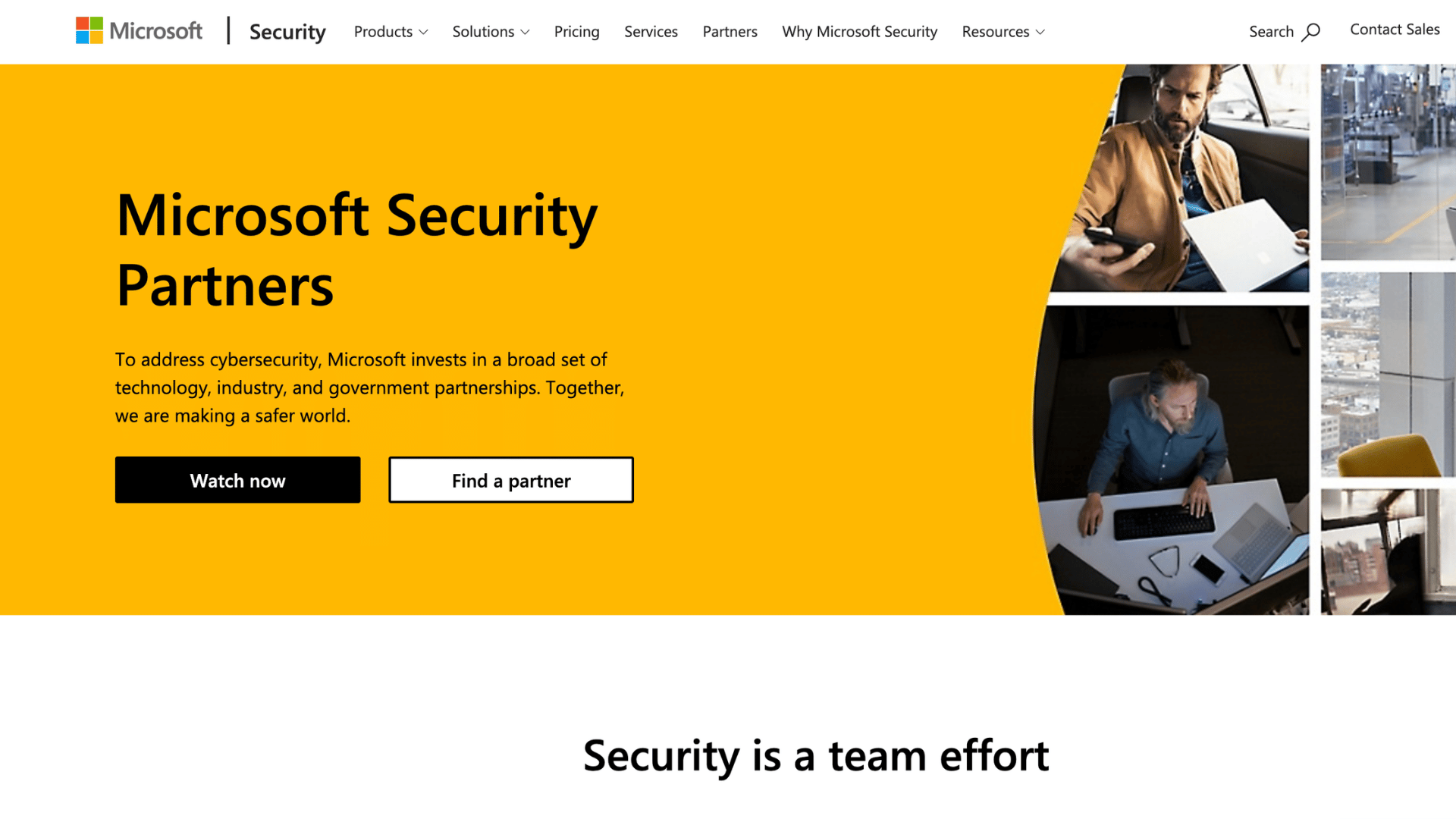 microsoft security partners webpage promoting cybersecurity collaboration with professionals working across office and technology environments