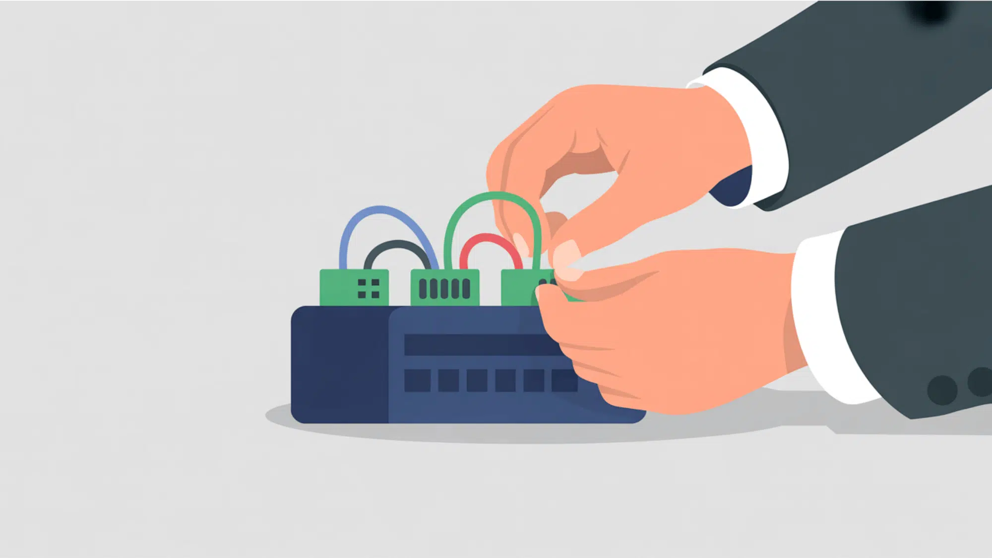 minimalist vector graphic of hands connecting small wires into a green terminal block on a dark blue security device