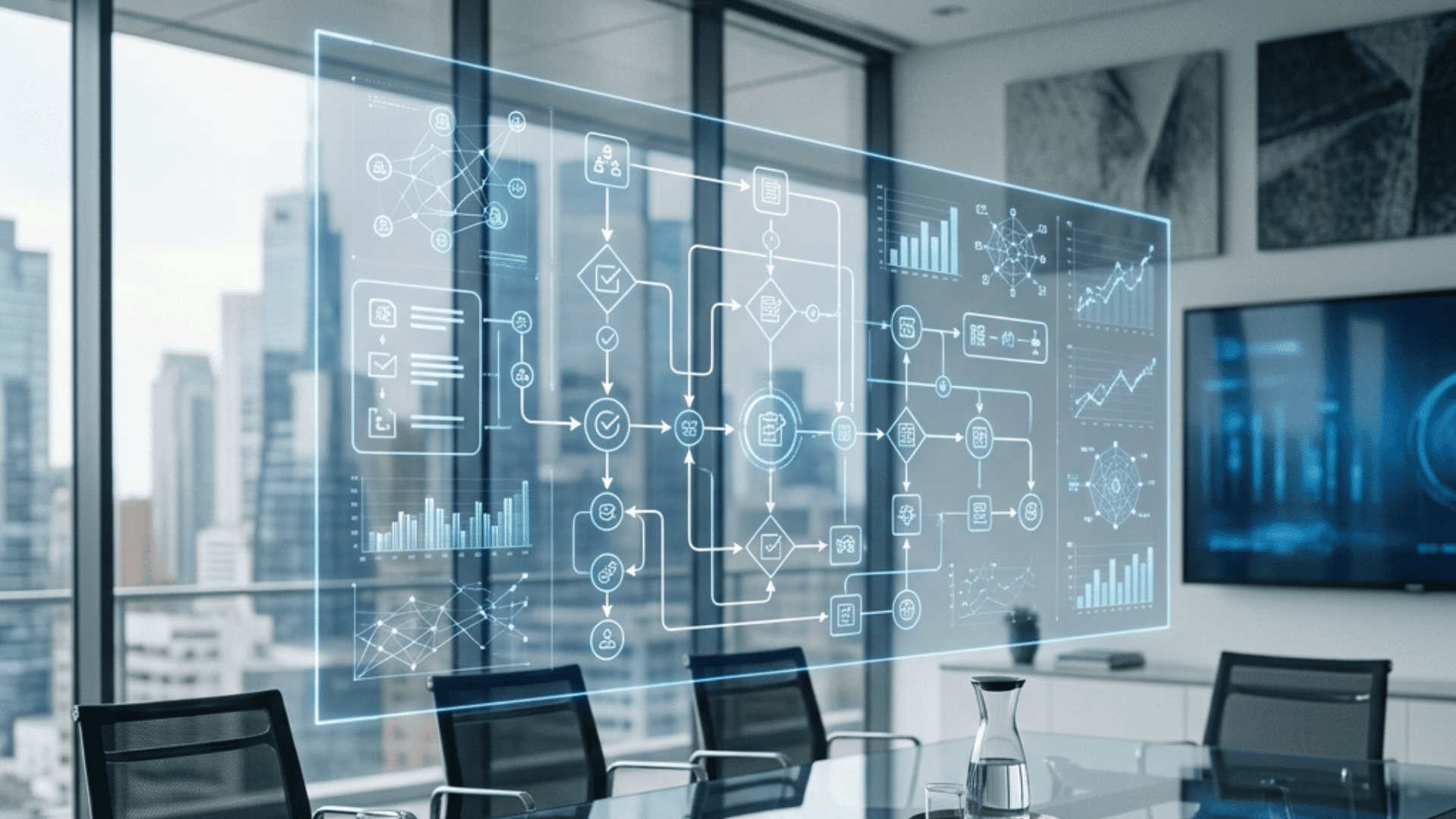 modern conference room with glass table displaying a digital workflow dashboard and business analytics charts over city views