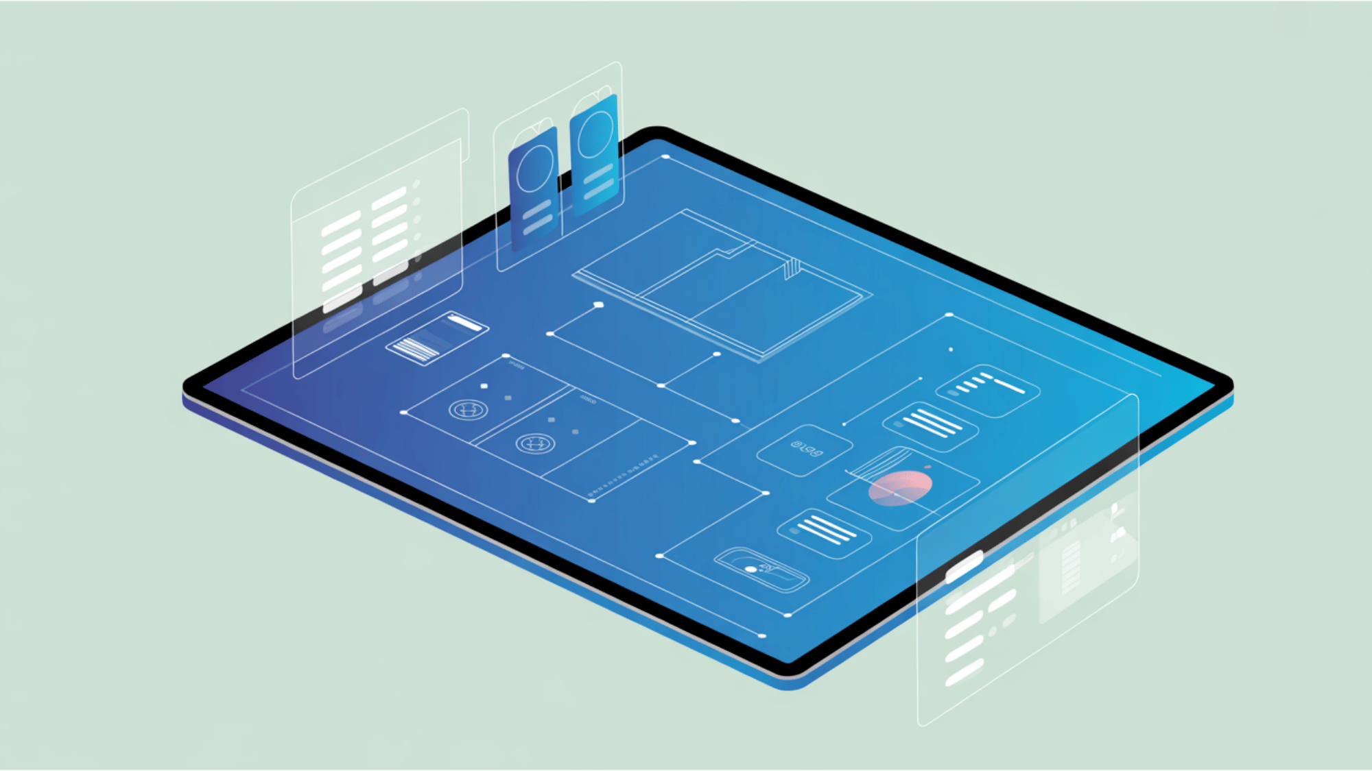 modern digital blueprint on a tablet screen showing a testing plan for software modules