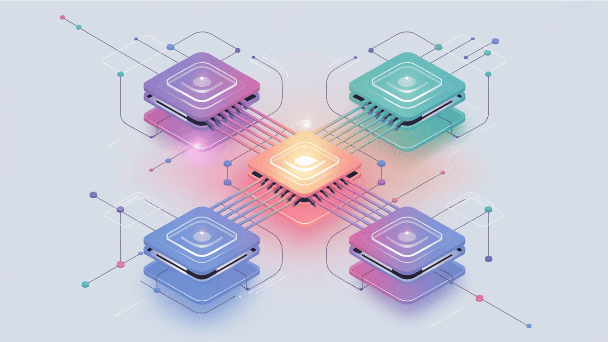 modern digital illustration of multiple software modules connecting into a single stable system