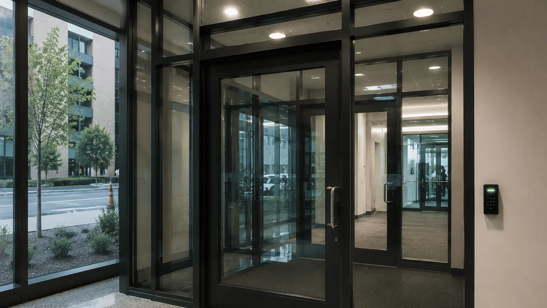 modern office building entrance featuring a glass access control vestibule with secure dual door entry system installed indoors