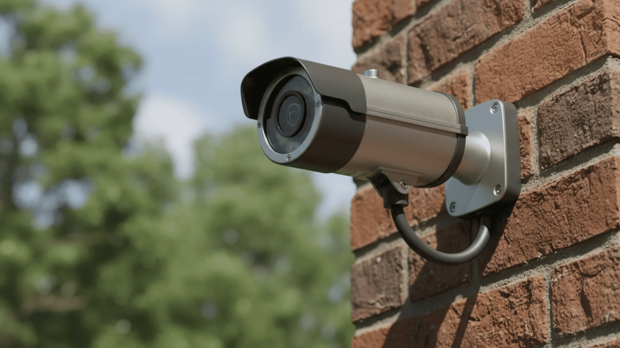 modern outdoor security camera mounted on a brick wall with a blurred background of green trees and blue sky